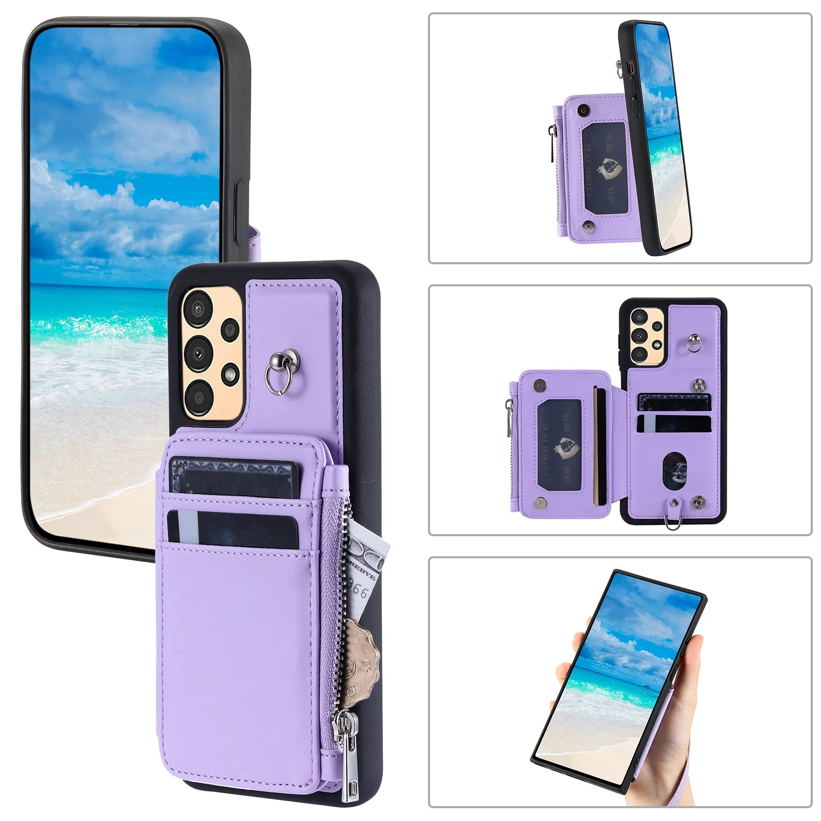 009 Anti-scratch Phone Case for Samsung Galaxy A13 4G / 5G , RFID Blocking PU TPU Cover Kickstand Zipper Wallet Shell with Strap