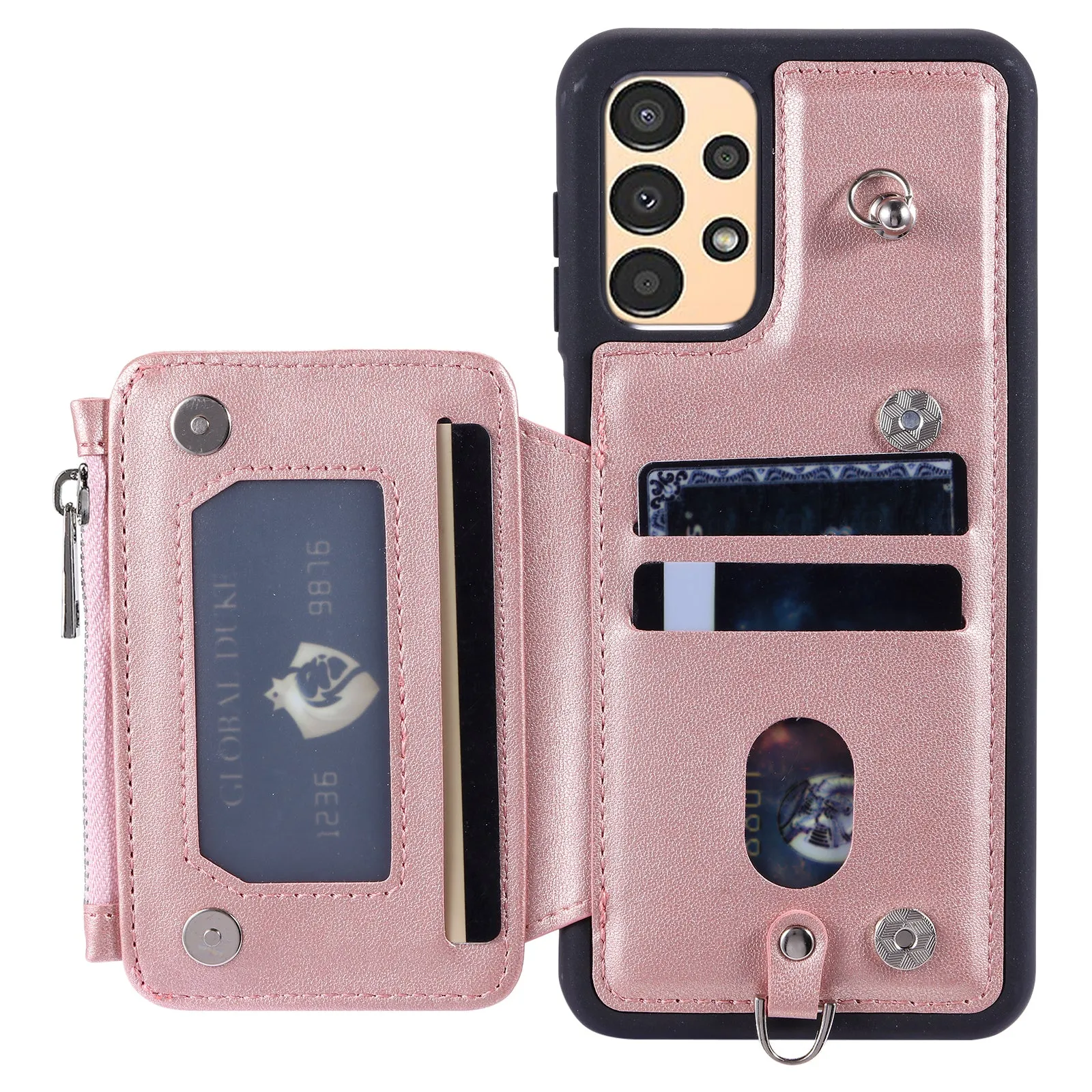 009 Anti-scratch Phone Case for Samsung Galaxy A13 4G / 5G , RFID Blocking PU TPU Cover Kickstand Zipper Wallet Shell with Strap