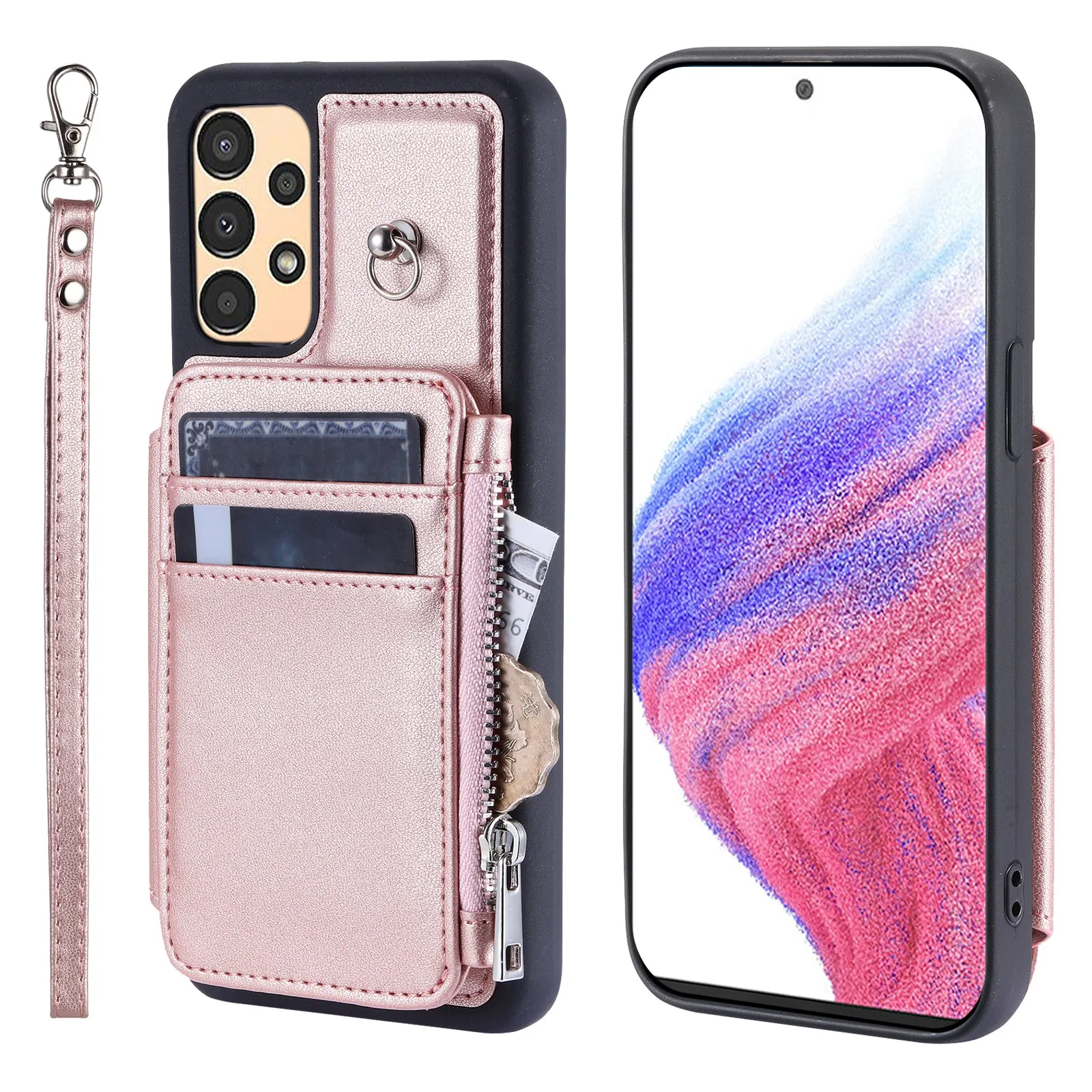 009 Anti-scratch Phone Case for Samsung Galaxy A13 4G / 5G , RFID Blocking PU TPU Cover Kickstand Zipper Wallet Shell with Strap