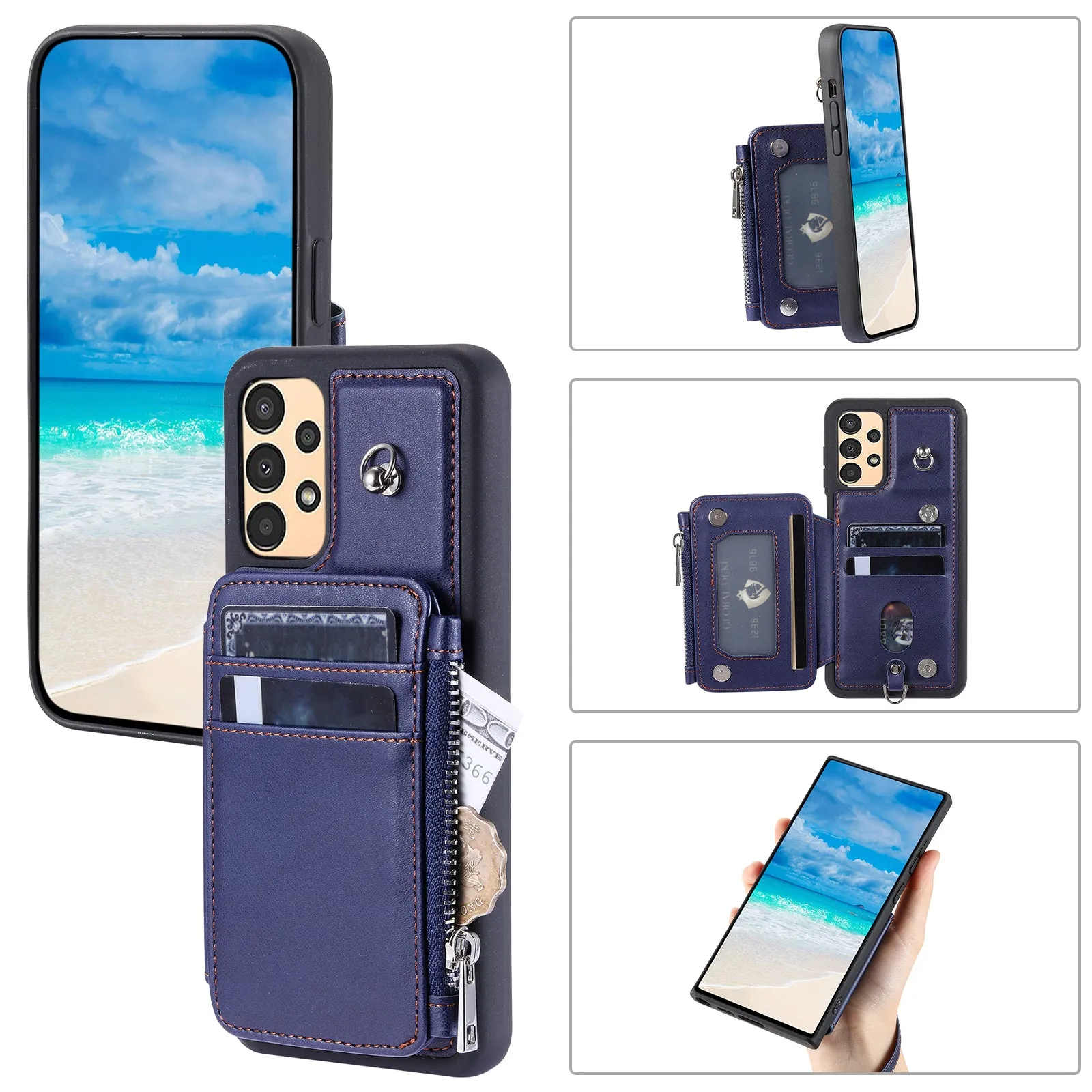 009 Anti-scratch Phone Case for Samsung Galaxy A13 4G / 5G , RFID Blocking PU TPU Cover Kickstand Zipper Wallet Shell with Strap