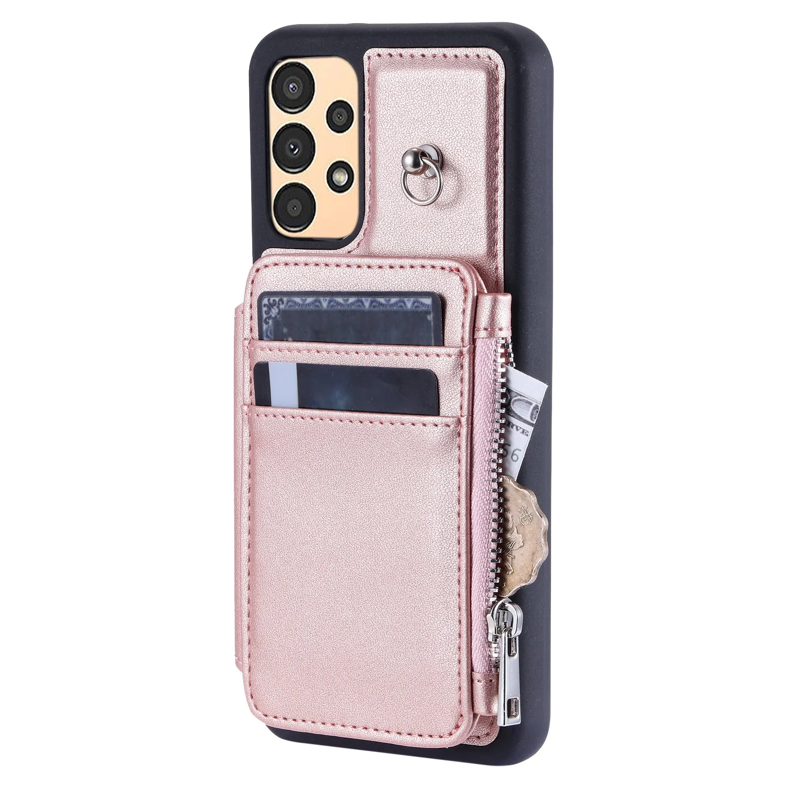 009 Anti-scratch Phone Case for Samsung Galaxy A13 4G / 5G , RFID Blocking PU TPU Cover Kickstand Zipper Wallet Shell with Strap