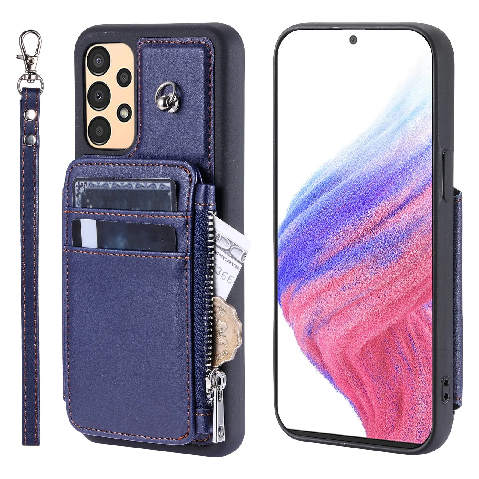 009 Anti-scratch Phone Case for Samsung Galaxy A13 4G / 5G , RFID Blocking PU TPU Cover Kickstand Zipper Wallet Shell with Strap