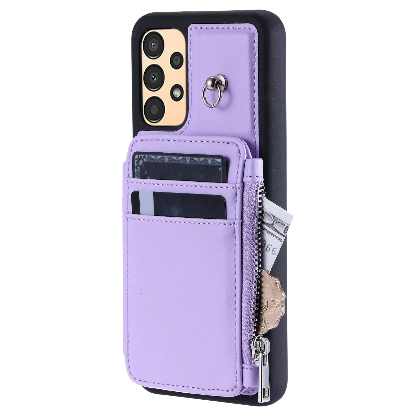 009 Anti-scratch Phone Case for Samsung Galaxy A13 4G / 5G , RFID Blocking PU TPU Cover Kickstand Zipper Wallet Shell with Strap