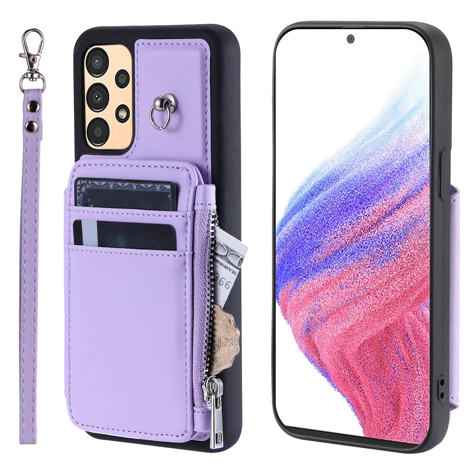 009 Anti-scratch Phone Case for Samsung Galaxy A13 4G / 5G , RFID Blocking PU TPU Cover Kickstand Zipper Wallet Shell with Strap