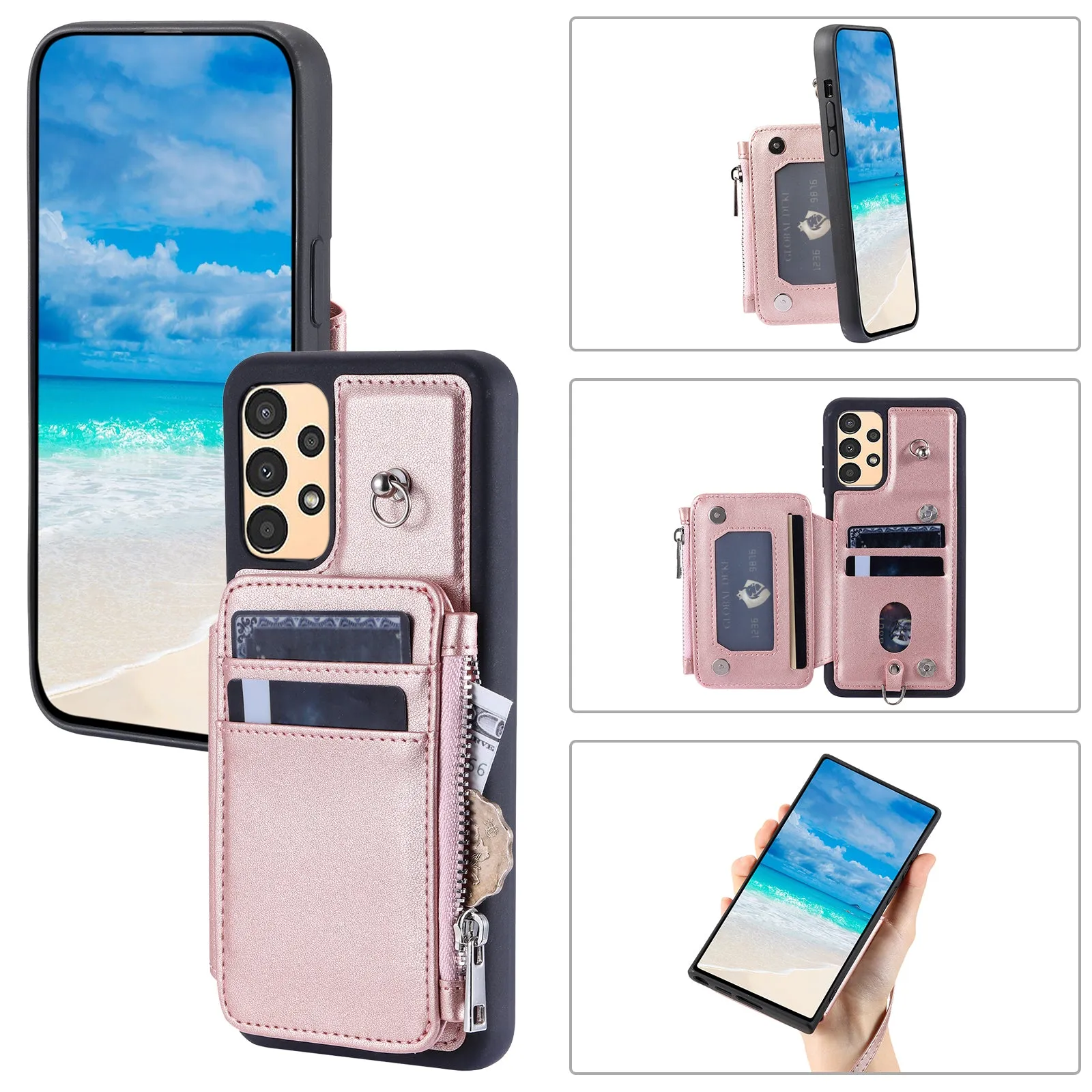 009 Anti-scratch Phone Case for Samsung Galaxy A13 4G / 5G , RFID Blocking PU TPU Cover Kickstand Zipper Wallet Shell with Strap