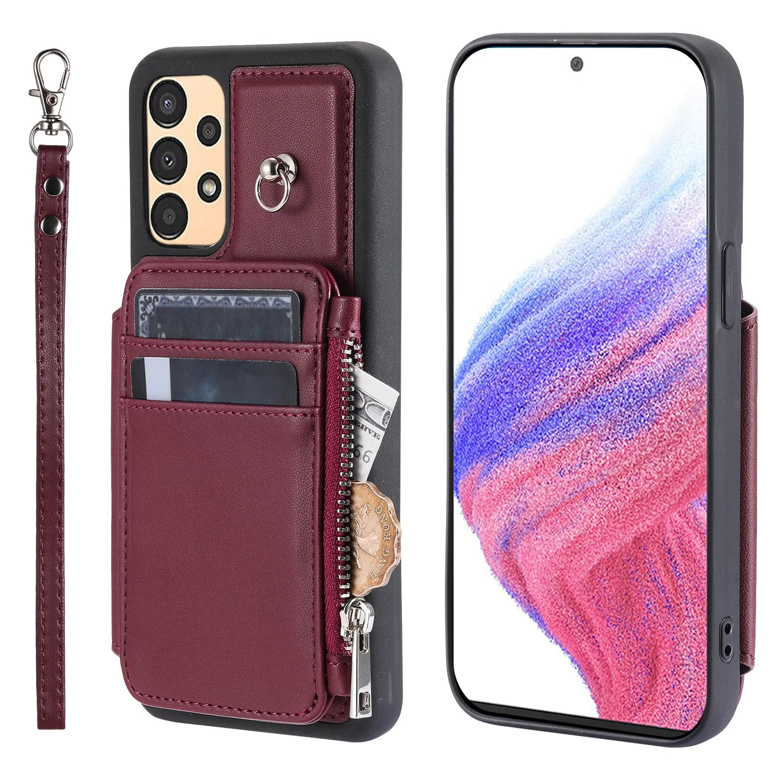 009 Anti-scratch Phone Case for Samsung Galaxy A13 4G / 5G , RFID Blocking PU TPU Cover Kickstand Zipper Wallet Shell with Strap