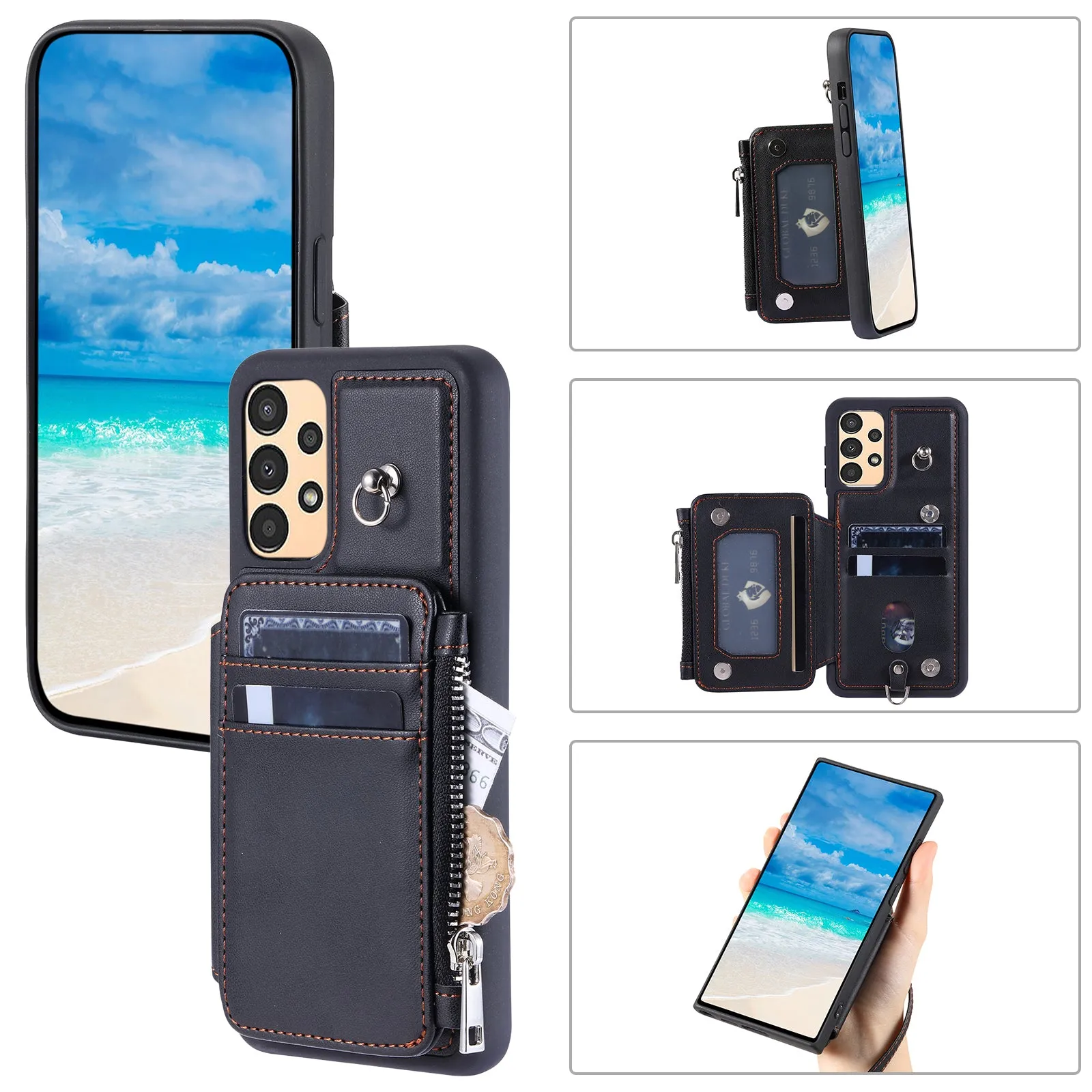 009 Anti-scratch Phone Case for Samsung Galaxy A13 4G / 5G , RFID Blocking PU TPU Cover Kickstand Zipper Wallet Shell with Strap