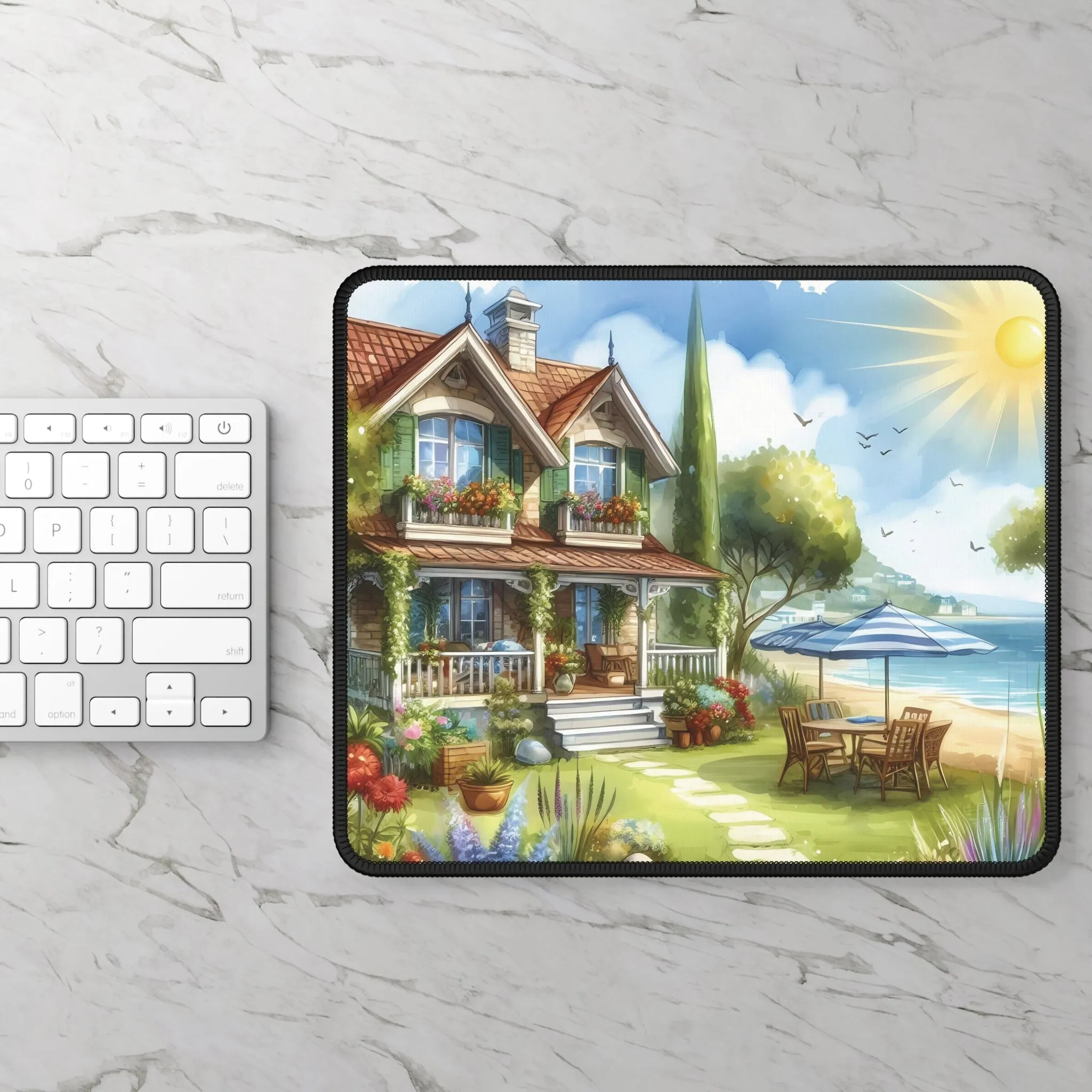 A sunny day and a cute  house in a seaside town  Gaming Mouse Pad