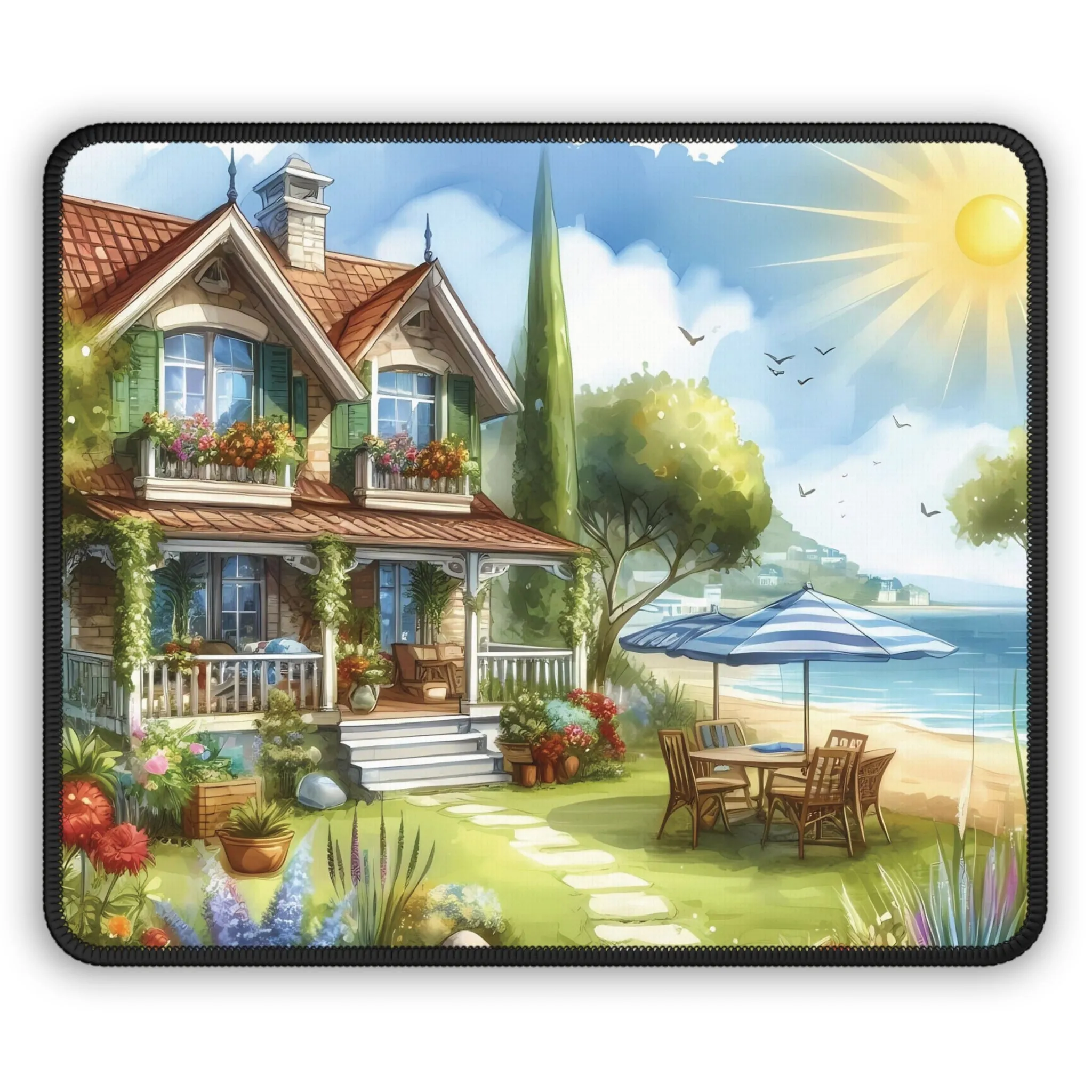 A sunny day and a cute  house in a seaside town  Gaming Mouse Pad