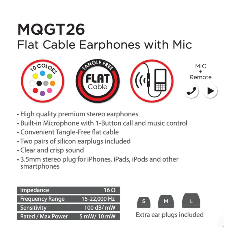 Aero Fones 耳塞式扁线带麦耳机 MQGT26 Flat Cable Earbuds w/Mic