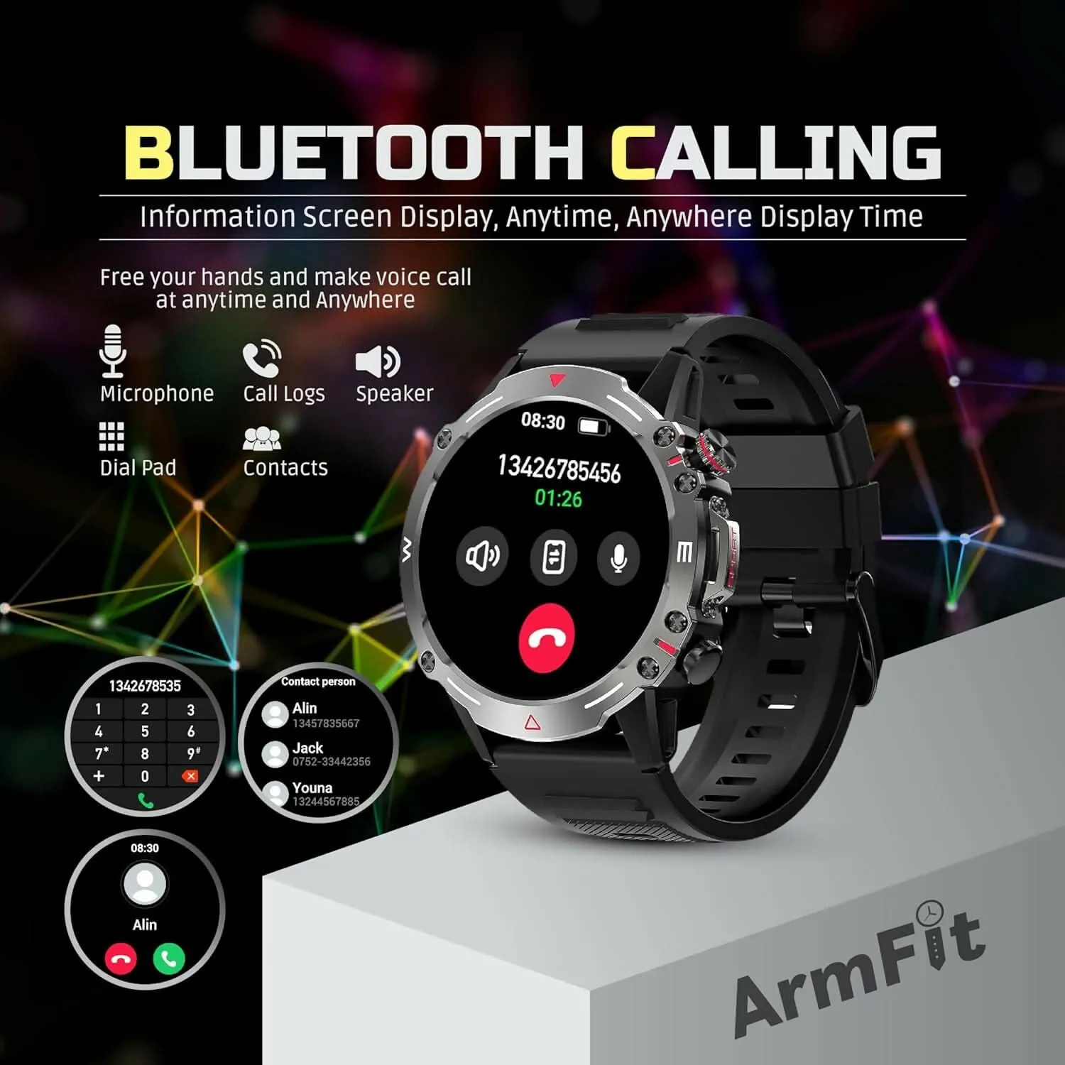 AMOLED Always-On display Smartwatch with BT Calling & Waterproof Fitness Monitoring for Android & iOS(Black)