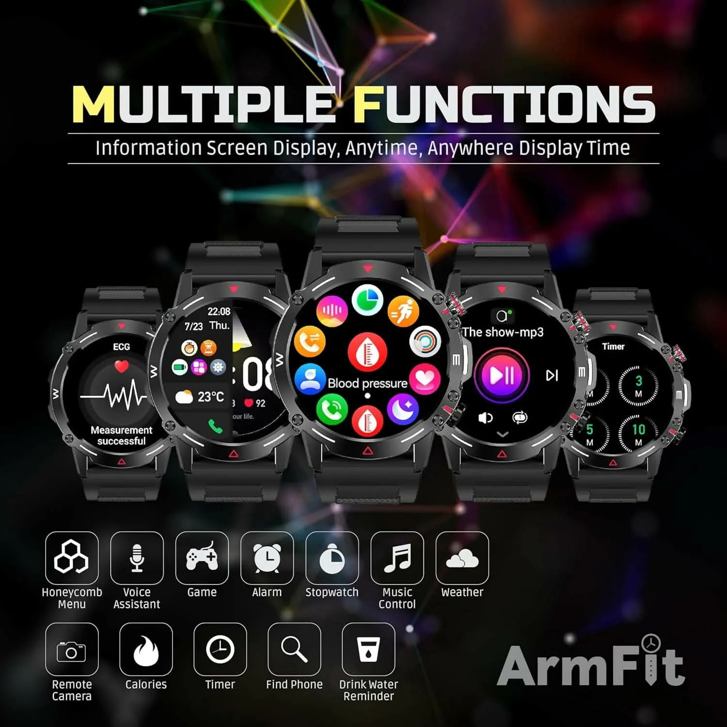 AMOLED Always-On display Smartwatch with BT Calling & Waterproof Fitness Monitoring for Android & iOS(Black)