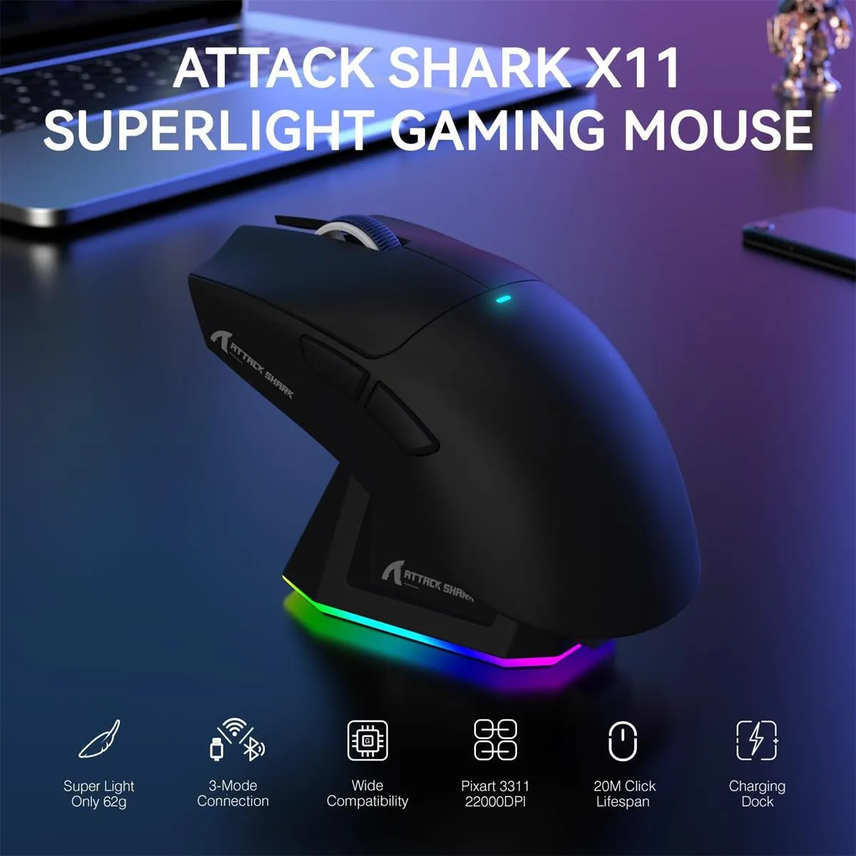 ATTACK SHARK X11 Black Wireless Gaming Mouse