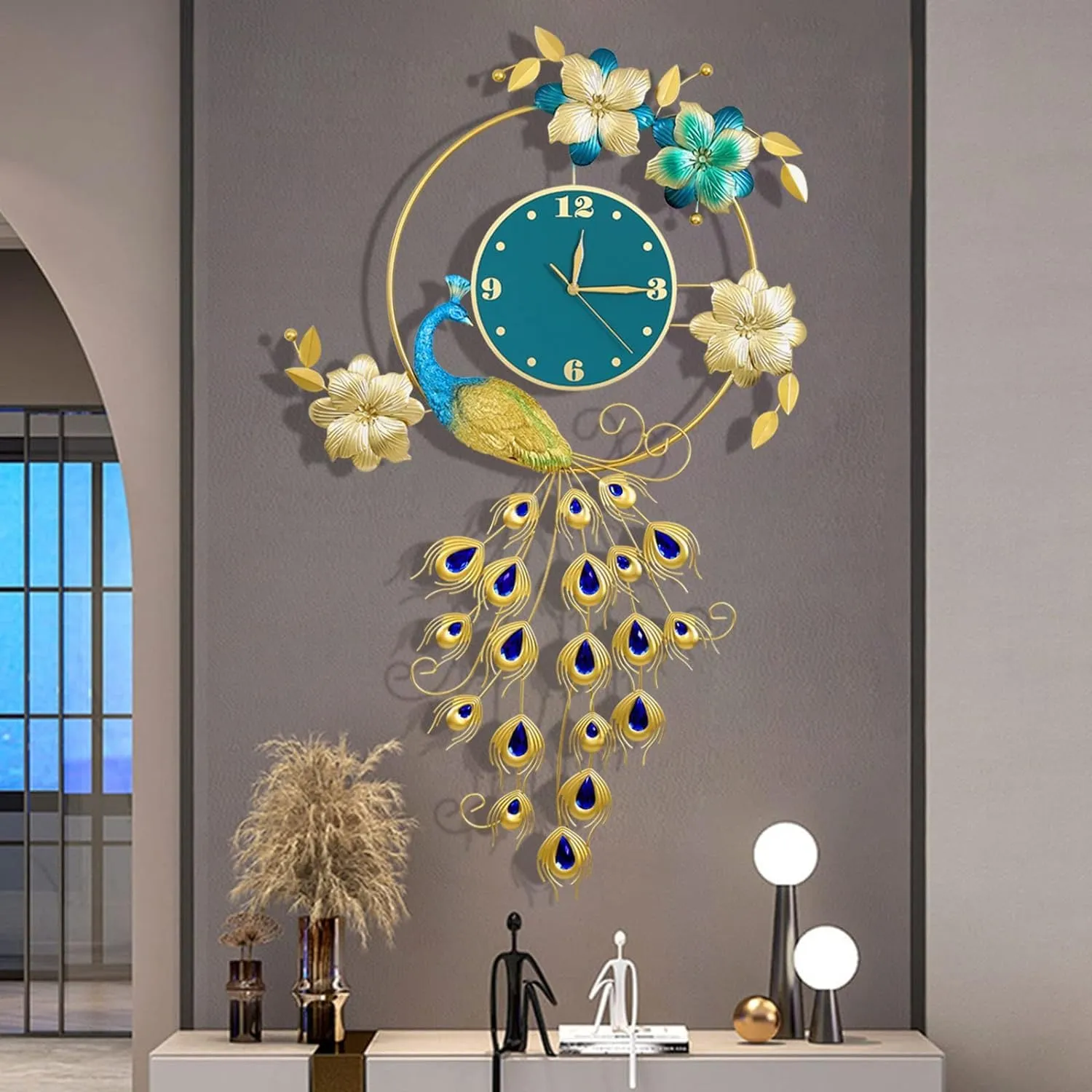 AVIAXO Peacock Wall Clocks Large Decorative, Big Clock For Digital Wall Living Room Décor, European Style Peacock Wall Clock Crystal Luxury Clock Creative Personality Modern(62X102Cm)