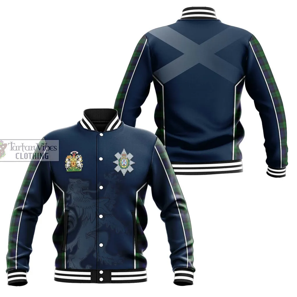 Black Watch Tartan Baseball Jacket with Family Crest and Lion Rampant Vibes Sport Style