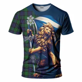 Black Watch Tartan Family Crest T-Shirt with Scottish Majestic Lion