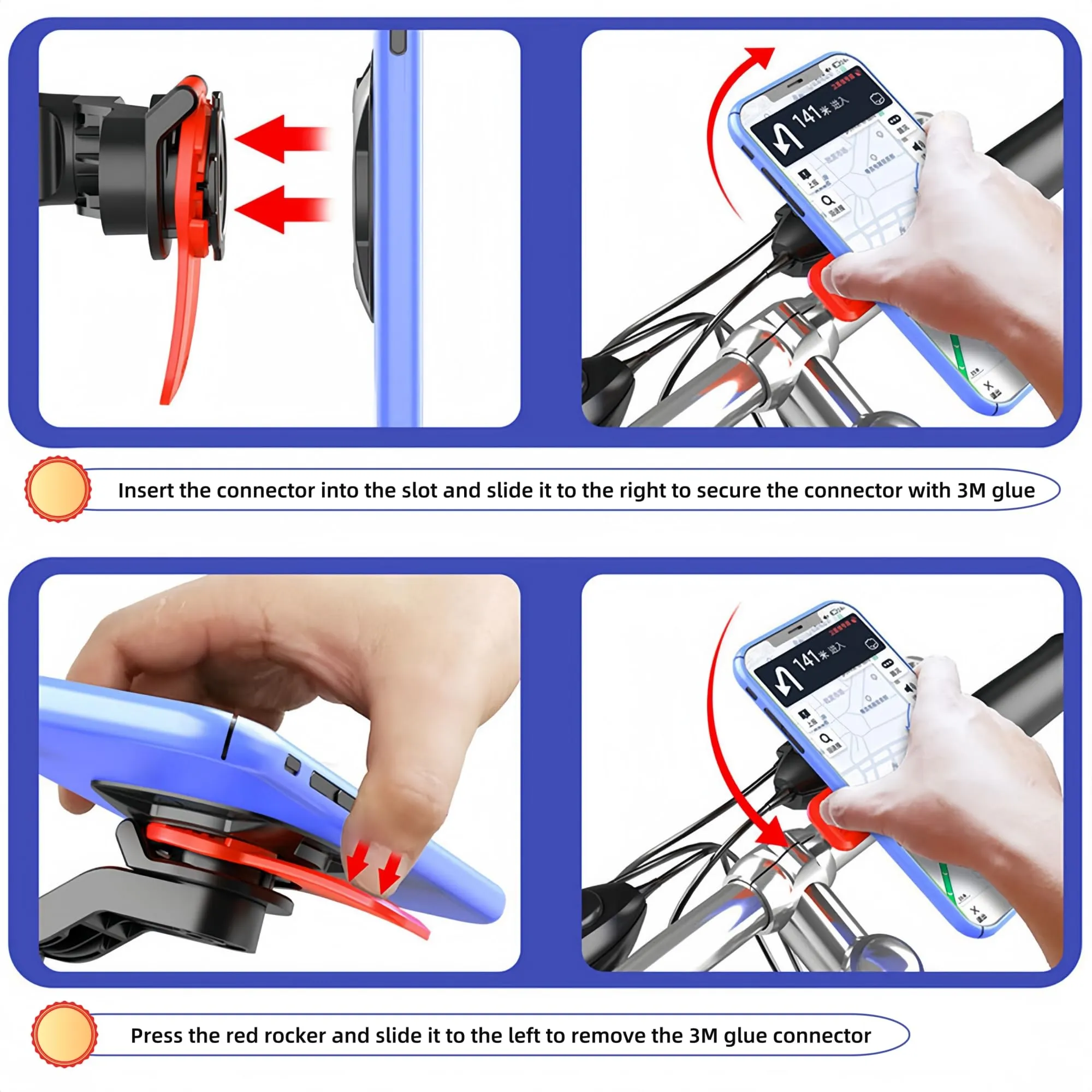 BOSHIZL Four Locks Motorcycle Bike Bicycle Harley Electrical Scooter Cell Phone Handlebar Holders for Mounting Compatible 4.5" to 7.0" (red)