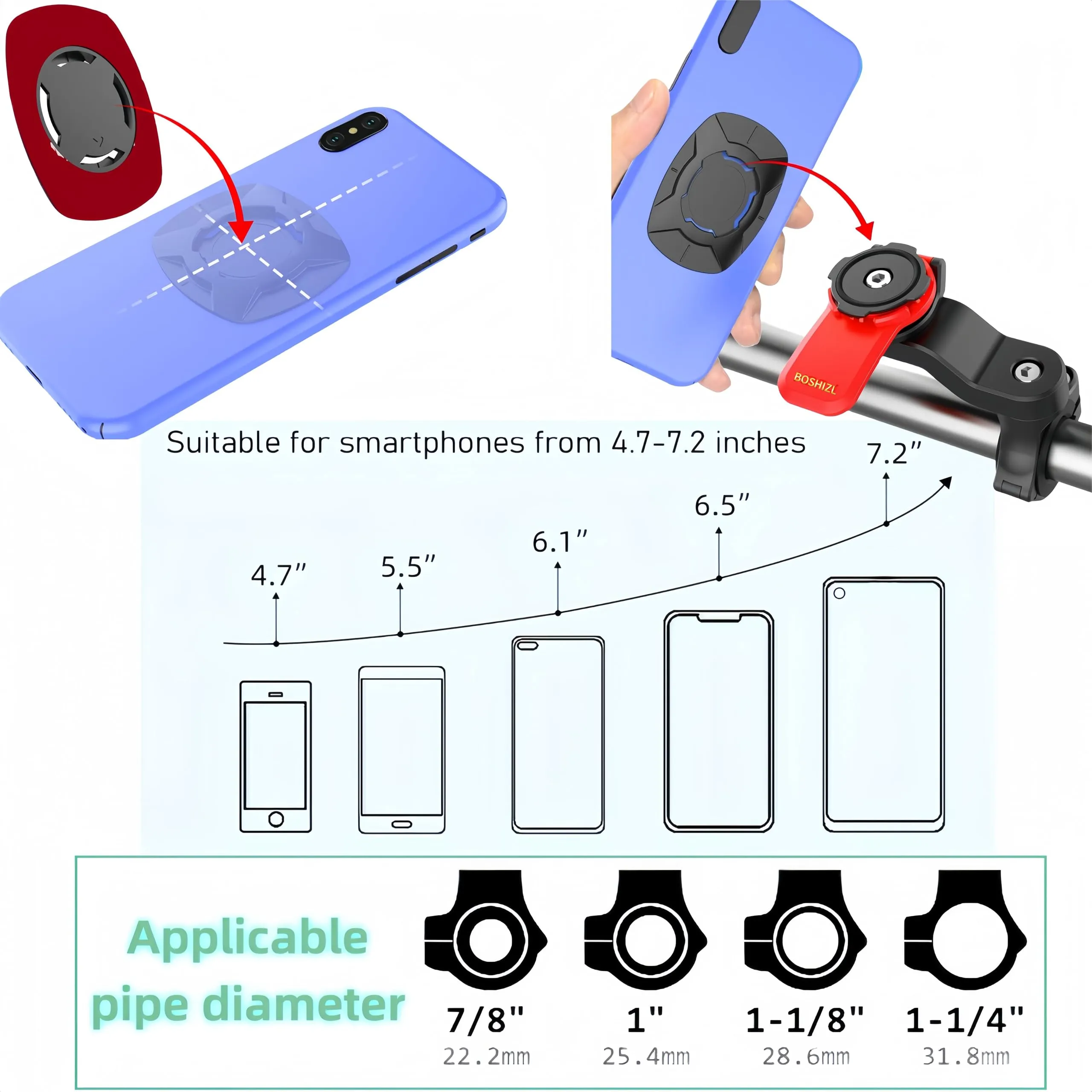 BOSHIZL Four Locks Motorcycle Bike Bicycle Harley Electrical Scooter Cell Phone Handlebar Holders for Mounting Compatible 4.5" to 7.0" (red)