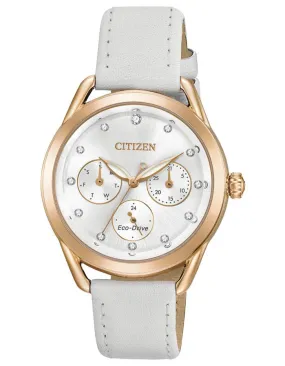 Citizen DRIVE LTR Womens Watch - Rose-Tone - White Strap - Crystal - Day/Date