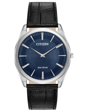 Citizen Mens Eco-Drive Stilletto Watch - Stainless Steel - Blue - Leather Strap