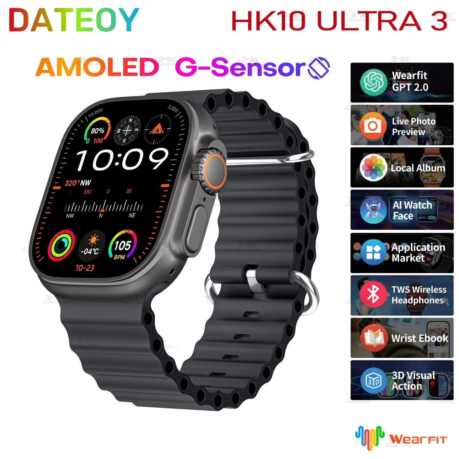 DATEOY HK10 ULTRA 3 Smartwatch – 2.02" AMOLED Display, 1GB ROM, 1GB Rom Support Local Music TWS Connection, AI Features