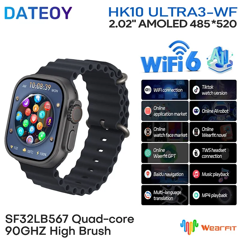 DATEOY HK10 ULTRA 3 WiFi Version GEN2 Smartwatch – TikTok App, Chatgpt, 2.02" AMOLED Display, 2GB ROM, Local/Online Music, Onlie Video, TWS Connection, AI Features