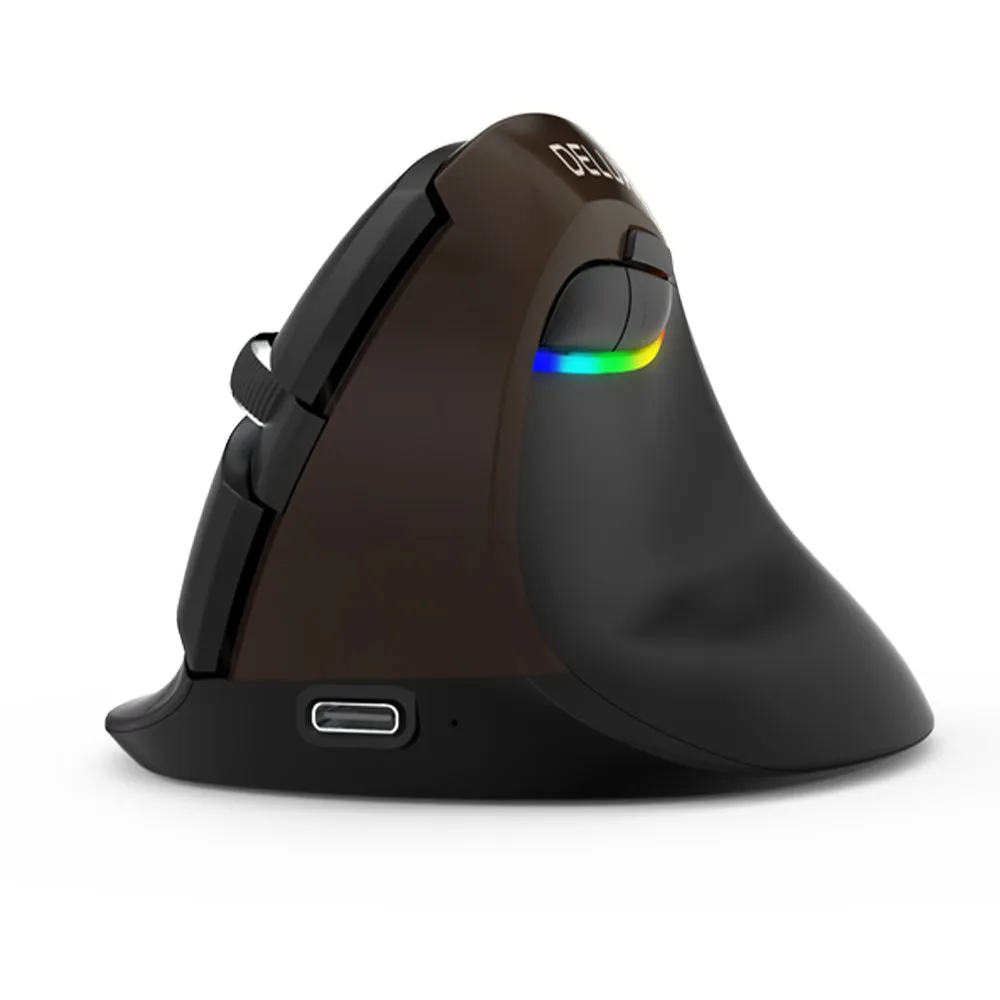 DELUX M618 Mini Wired Wireless Ergonomic RGB Vertical Mouse Jet with 4000DPI, Bluetooth 4.0   2.4GHz Dual Mode, USB Type-C Interface and Silent Click for PC Computer and Laptop (Brown)