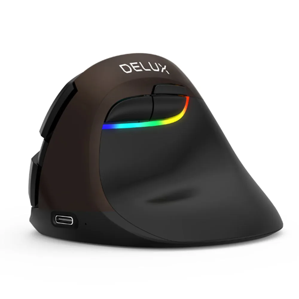 DELUX M618 Mini Wired Wireless Ergonomic RGB Vertical Mouse Jet with 4000DPI, Bluetooth 4.0   2.4GHz Dual Mode, USB Type-C Interface and Silent Click for PC Computer and Laptop (Brown)