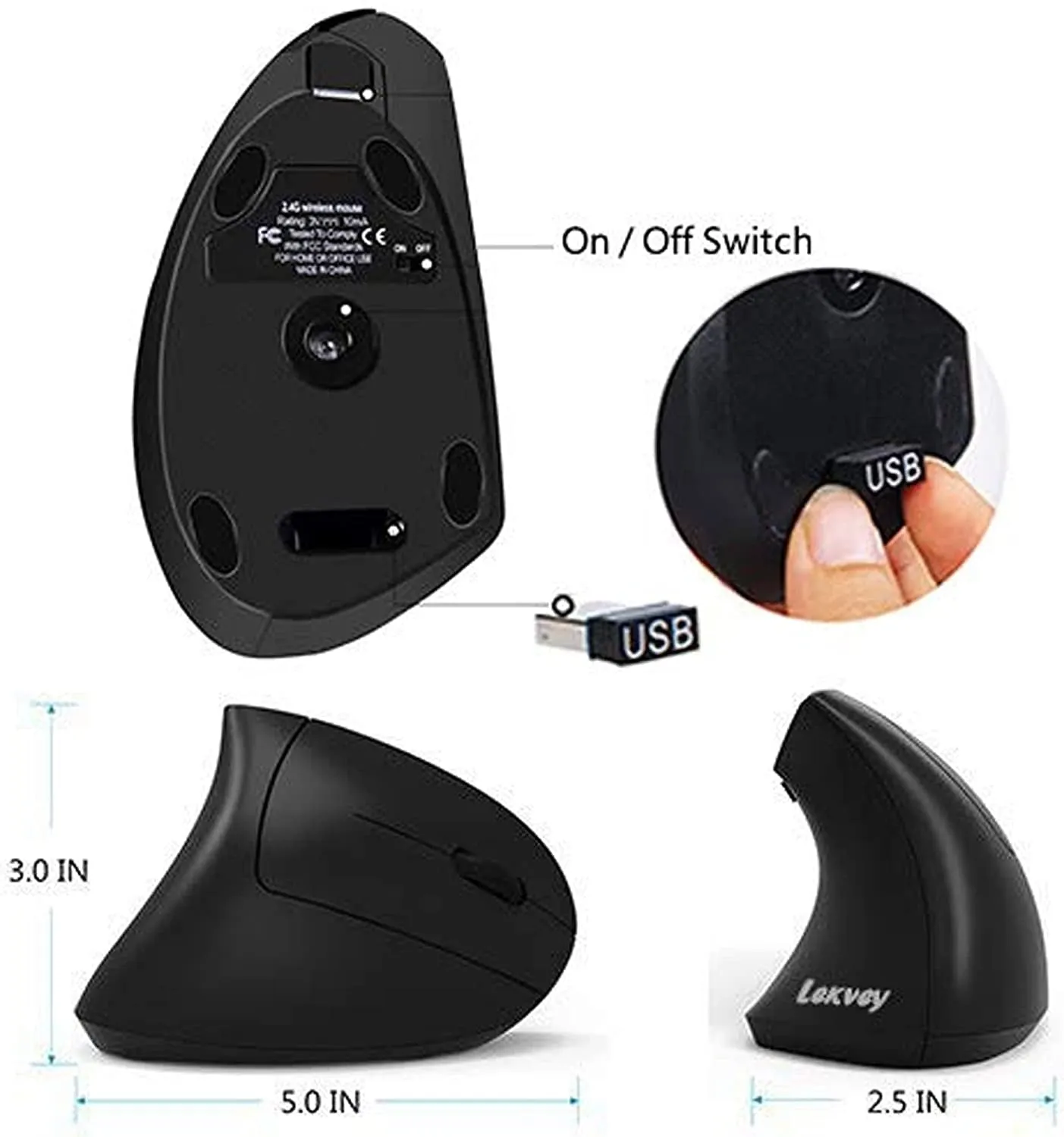 Ergonomic Mouse, LEKVEY Vertical Wireless Mouse - Rechargeable 2.4Ghz Optical Vertical Mice : 3 Adjustable DPI 800/1200/1600 Levels 6 Buttons, for Laptop, PC, Computer, Desktop, Notebook Etc, Black