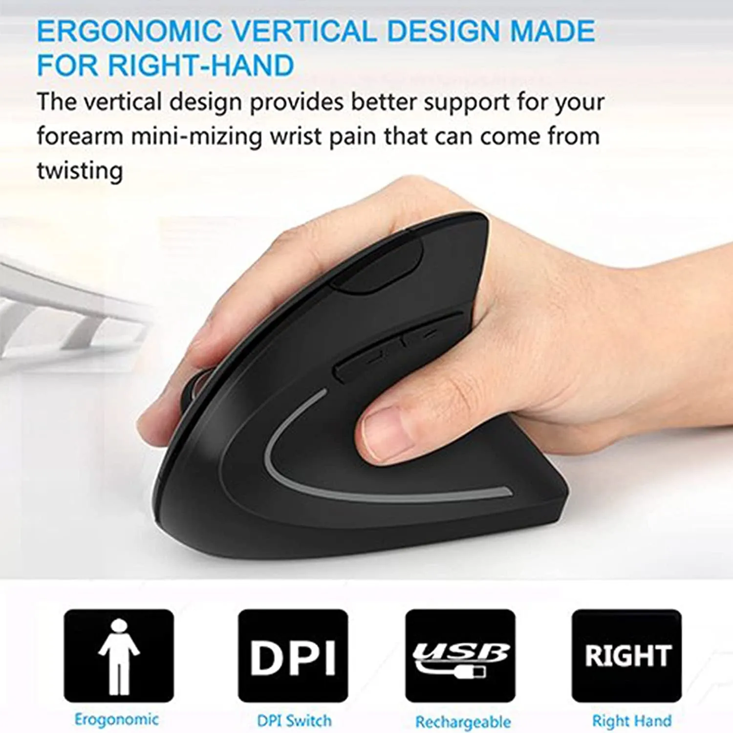 Ergonomic Mouse, LEKVEY Vertical Wireless Mouse - Rechargeable 2.4Ghz Optical Vertical Mice : 3 Adjustable DPI 800/1200/1600 Levels 6 Buttons, for Laptop, PC, Computer, Desktop, Notebook Etc, Black