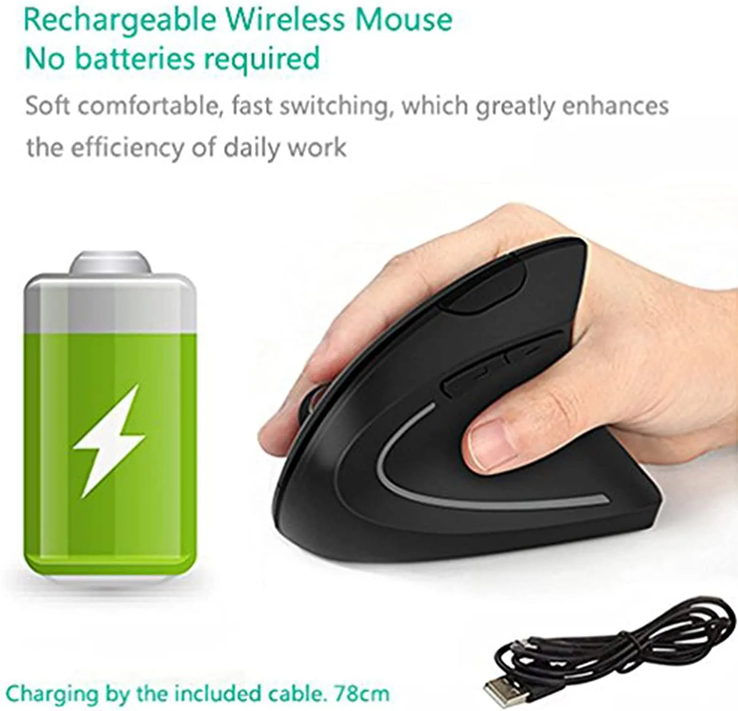 Ergonomic Mouse, LEKVEY Vertical Wireless Mouse - Rechargeable 2.4Ghz Optical Vertical Mice : 3 Adjustable DPI 800/1200/1600 Levels 6 Buttons, for Laptop, PC, Computer, Desktop, Notebook Etc, Black