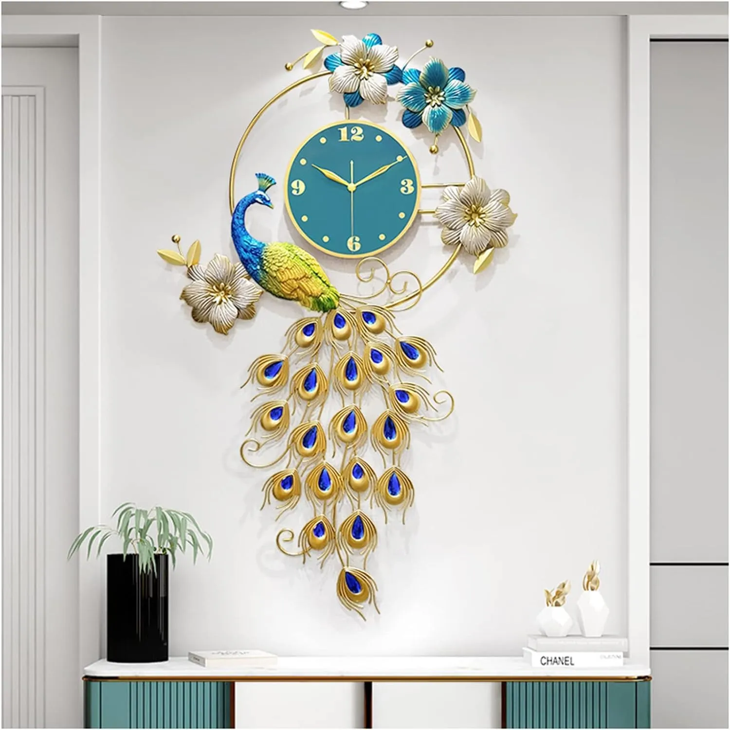 Evvix Wall Clock Art Decor Clock Living Room Decoration Wall Clock,Modern Metal Blue Peacock Clock,40x24.4 Inch Silent Non-Ticking -Digital