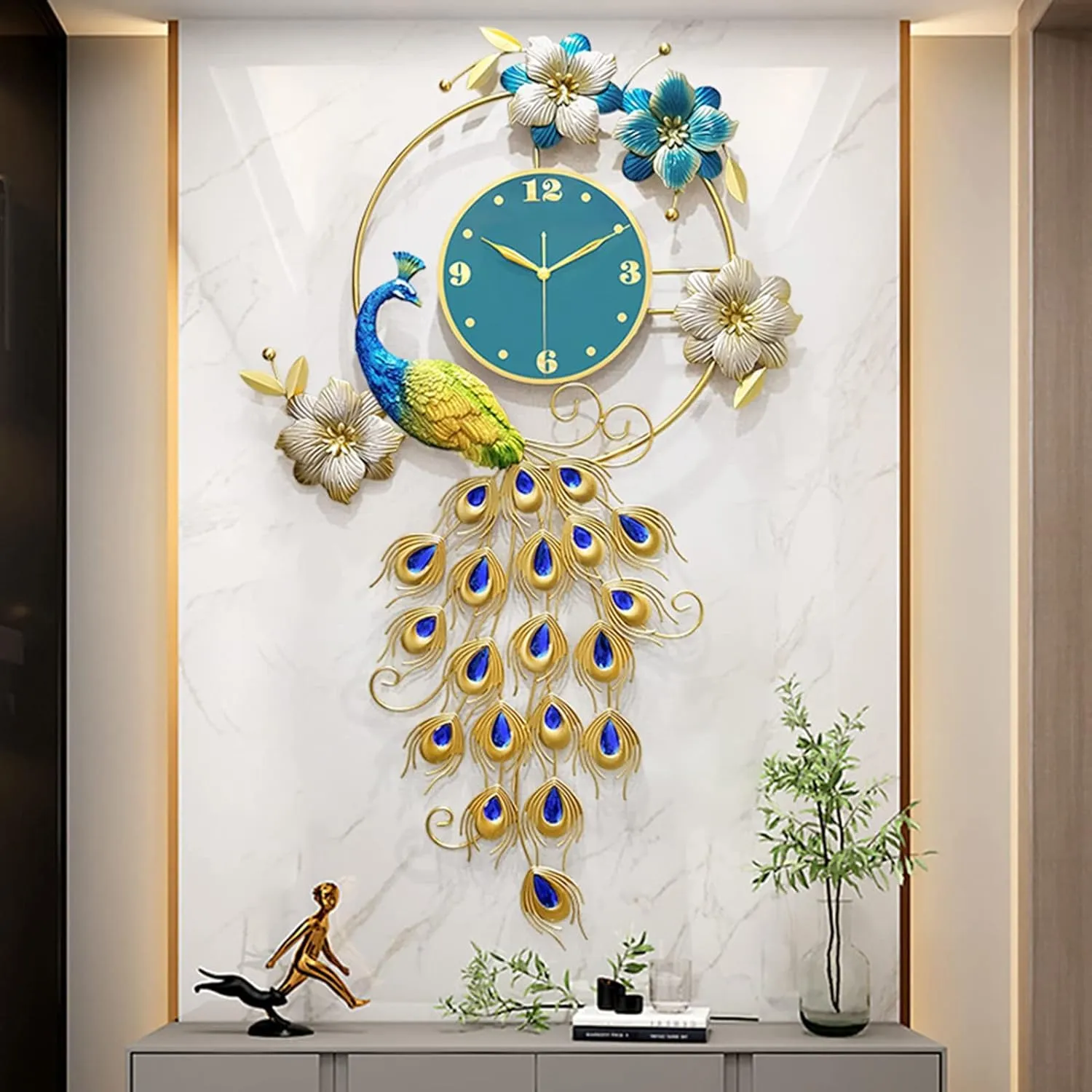 Evvix Wall Clock Art Decor Clock Living Room Decoration Wall Clock,Modern Metal Blue Peacock Clock,40x24.4 Inch Silent Non-Ticking -Digital