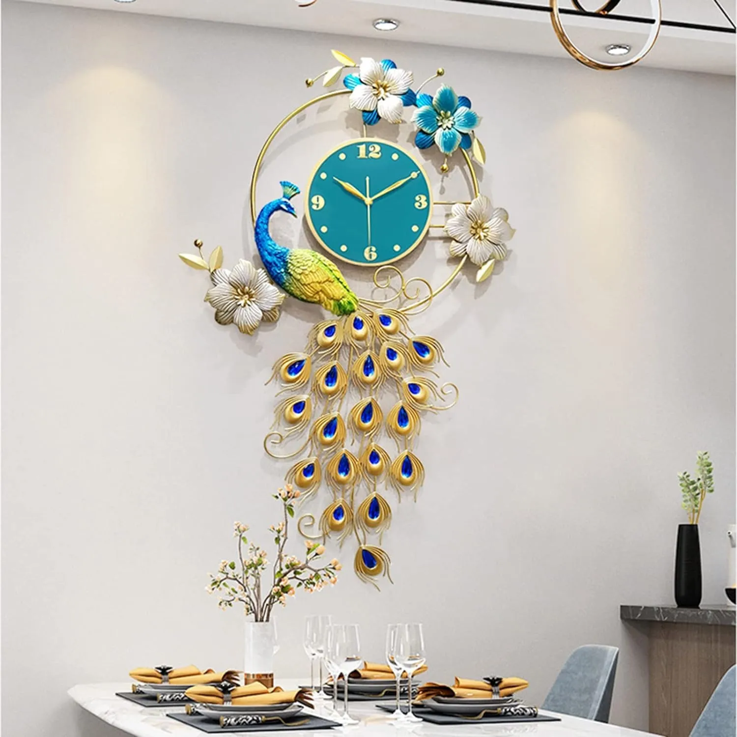 Evvix Wall Clock Art Decor Clock Living Room Decoration Wall Clock,Modern Metal Blue Peacock Clock,40x24.4 Inch Silent Non-Ticking -Digital