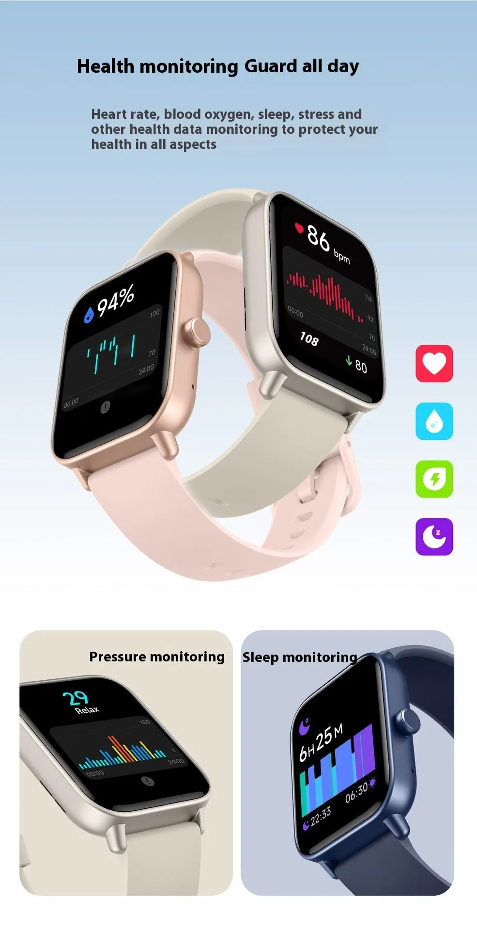 Heart Rate Monitoring 
Multi Functional Sports Mode Smartwatch in Pink and Black