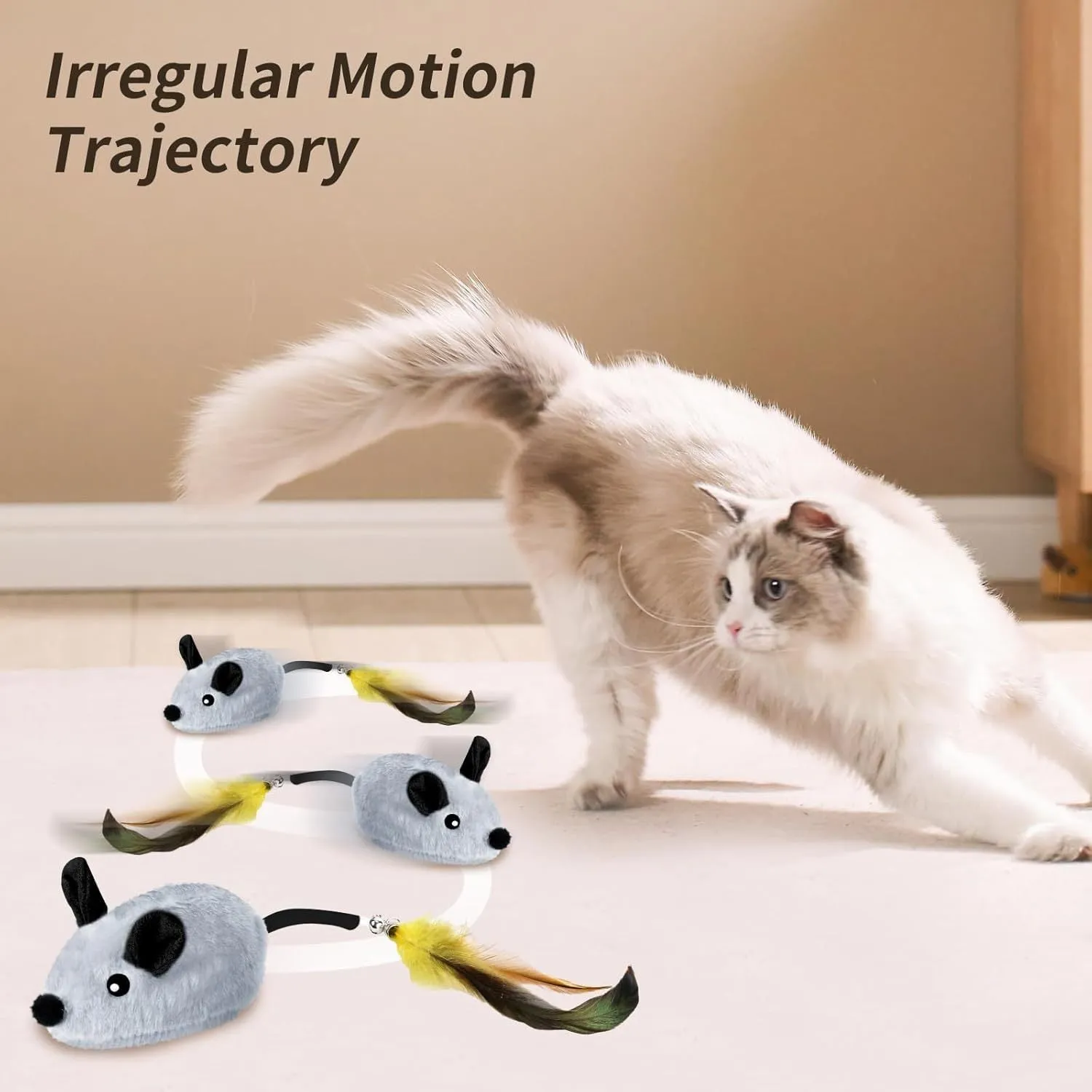 Interactive Electric Rechargeable LED Automatically Moving Lifelike Rat Mouse Cat Toys With Feather & Tail For Indoor Boredom Relief