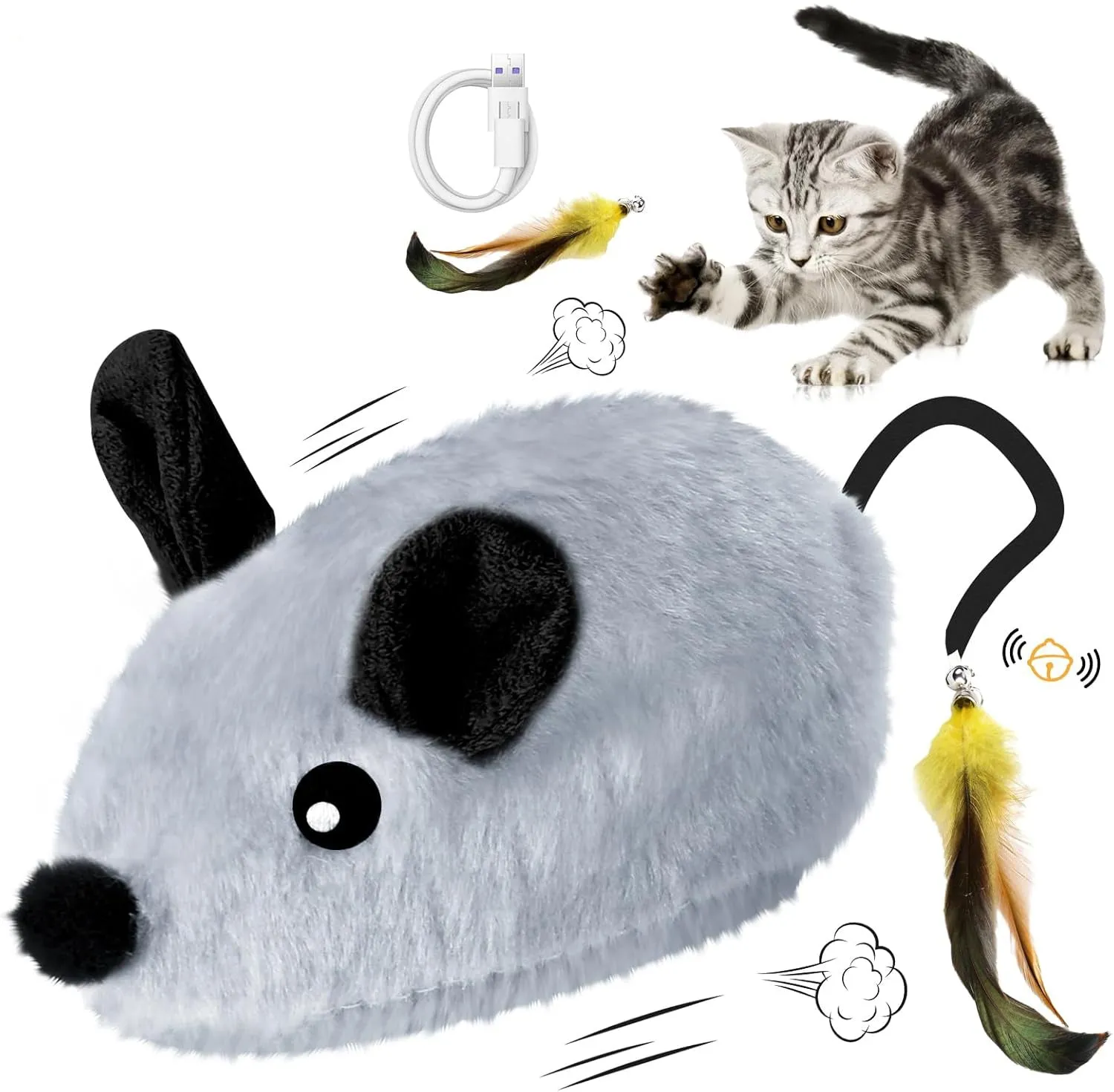 Interactive Electric Rechargeable LED Automatically Moving Lifelike Rat Mouse Cat Toys With Feather & Tail For Indoor Boredom Relief