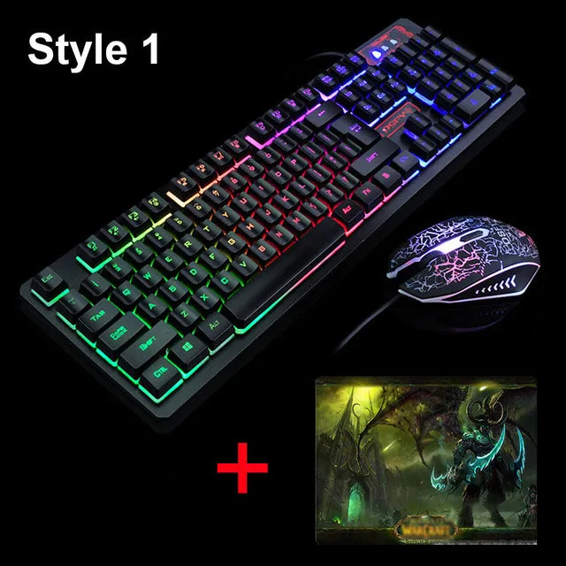 K-13 Wired Rainbow Backlit illuminated Usb Multimedia Ergonomic Gaming Keyboard   2400DPI Optical Gaming Mouse For Gamer Laptop