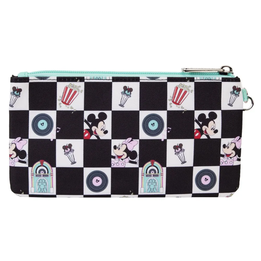 Loungefly x Mickey & Minnie Date Night Diner Checkered All-Over Print Nylon Zipper Pouch Wristlet