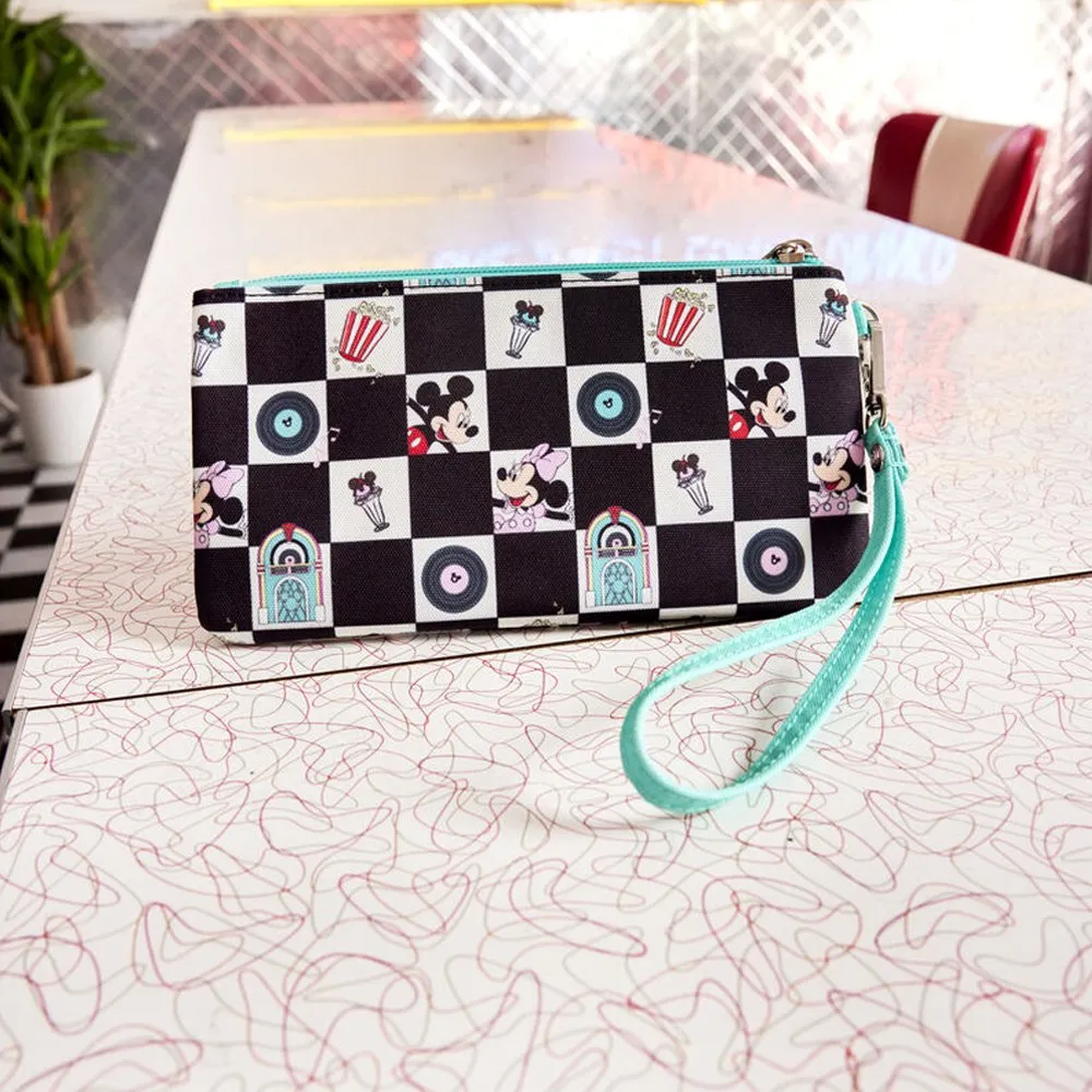 Loungefly x Mickey & Minnie Date Night Diner Checkered All-Over Print Nylon Zipper Pouch Wristlet