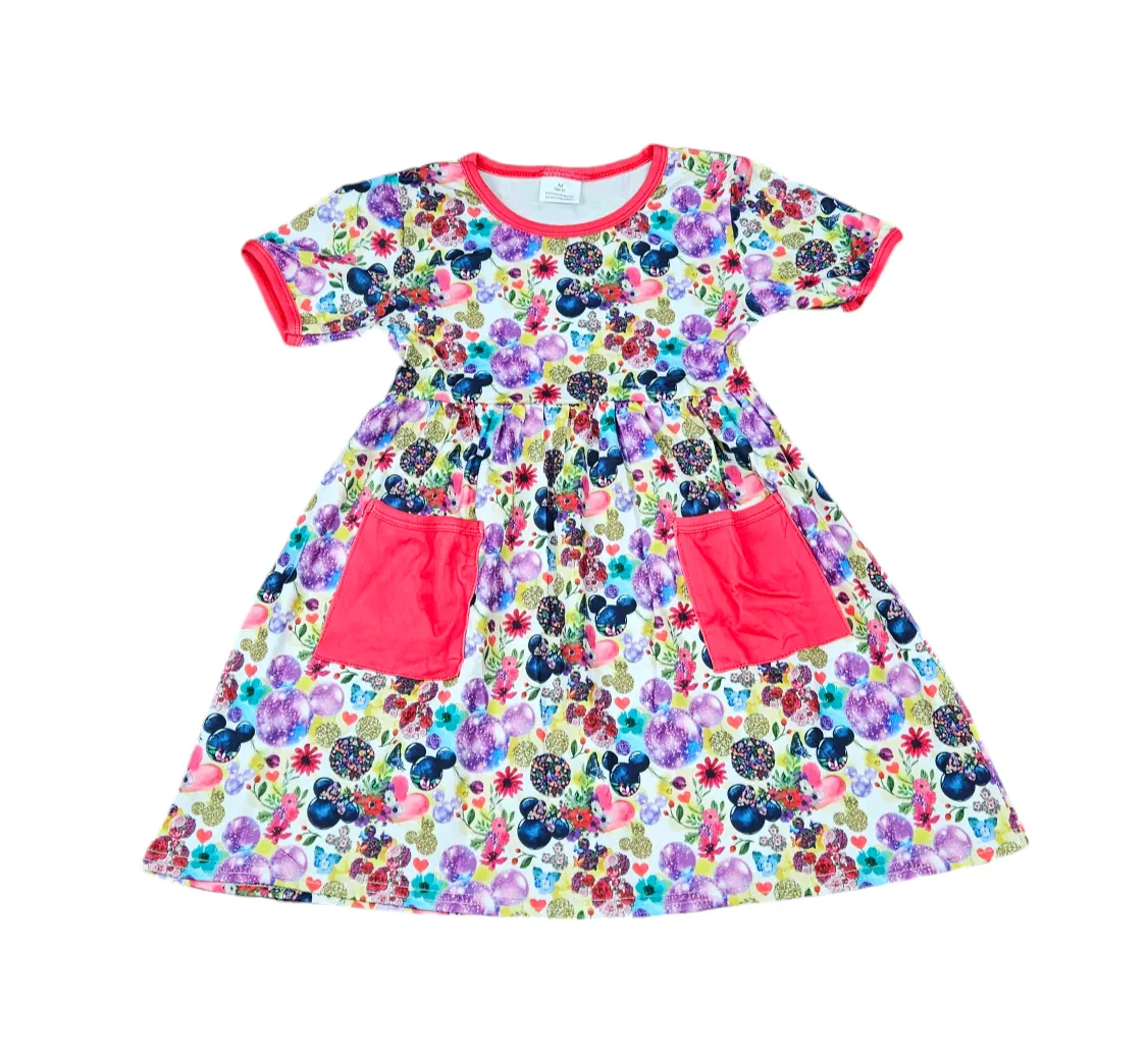 Mouse Head Flowers Short Sleeve Milk Silk Dress