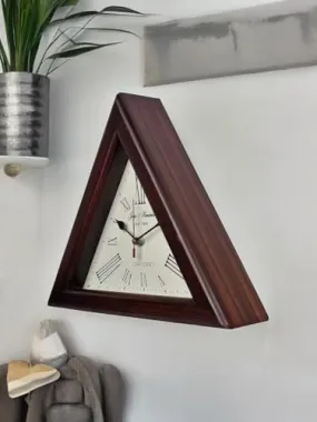 OVERSEAS MART Triangle Wall Clock - 12 Inch Natural Wood Brown Silent Wall and Desk Decor with Roman Numbers - Long-Run Aircraft Glass - Also Used as Table Clock Pack of 1