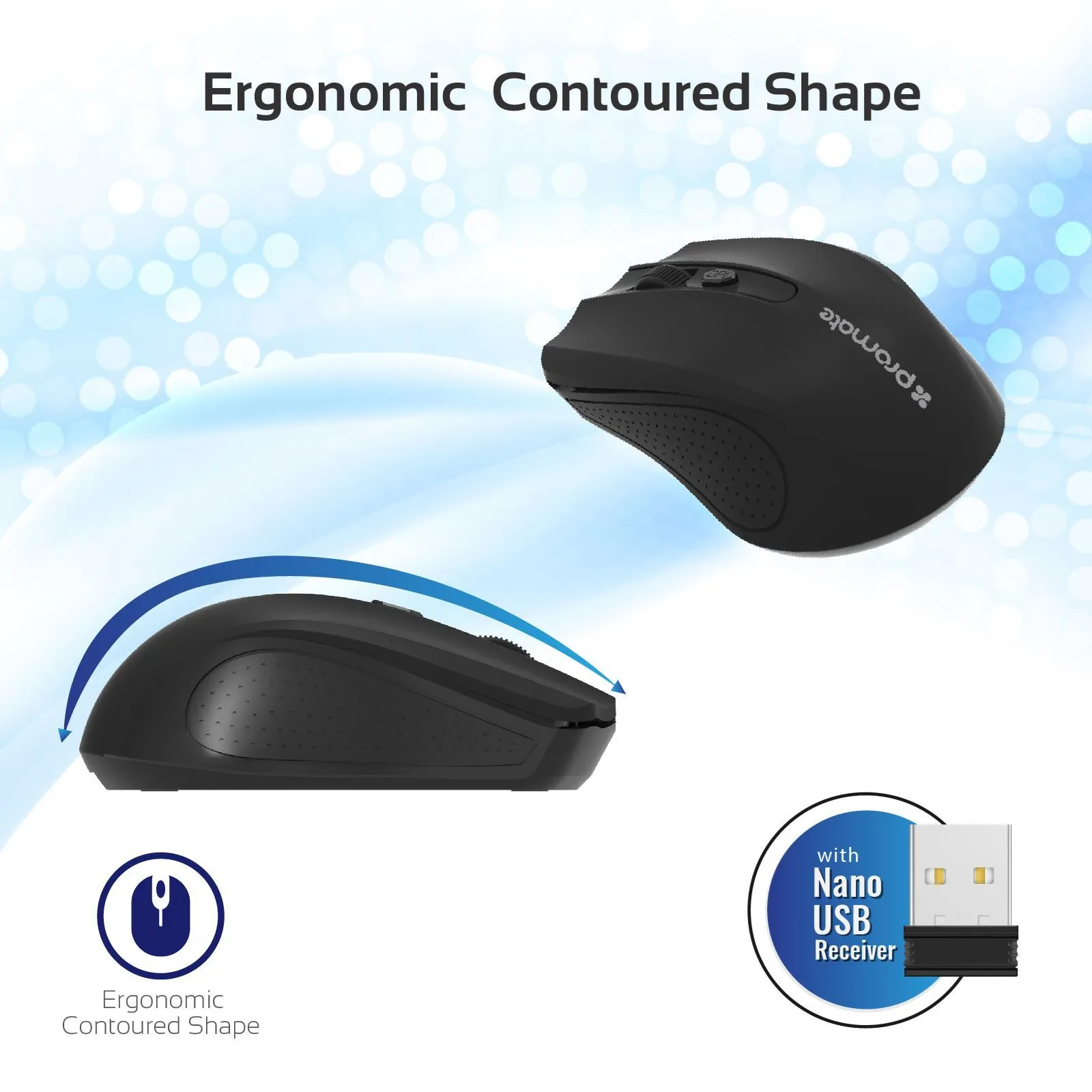 Promate Ergonomic Wireless Mouse 2.4GHz, Up to 10m, Low Power Consumption, Black