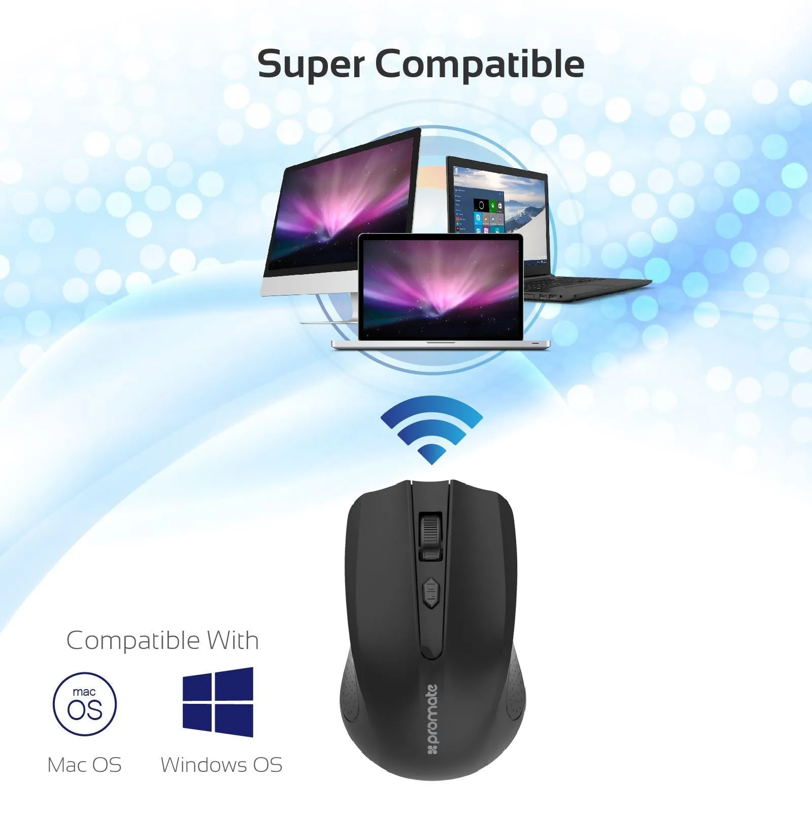 Promate Ergonomic Wireless Mouse 2.4GHz, Up to 10m, Low Power Consumption, Black