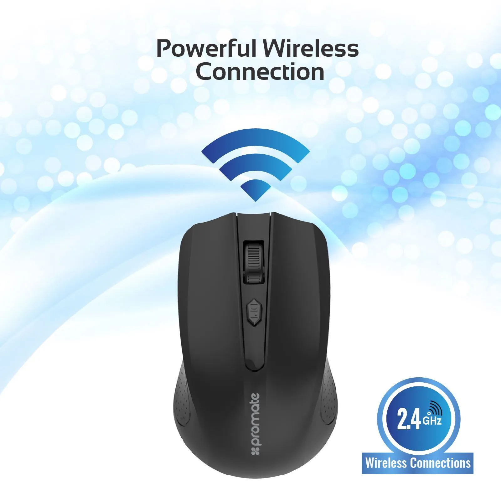 Promate Ergonomic Wireless Mouse 2.4GHz, Up to 10m, Low Power Consumption, Black