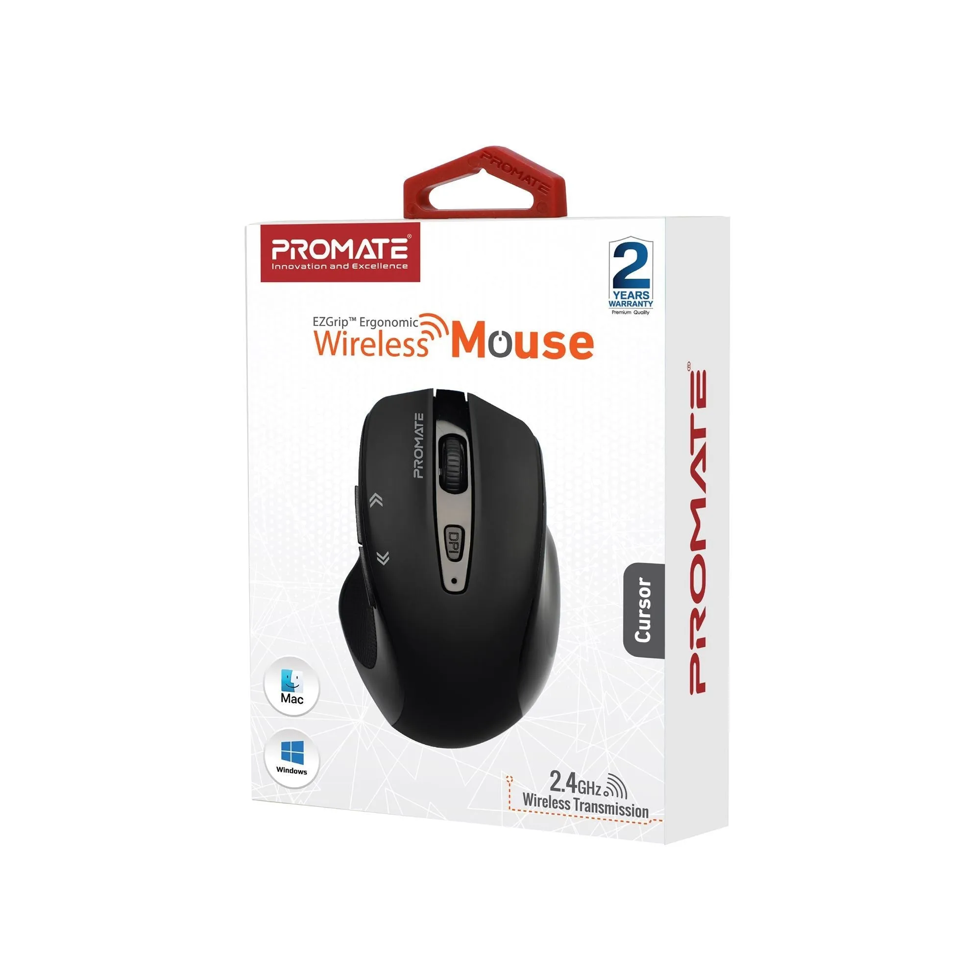 Promate EZGrip Ergonomic Wireless Mouse, Quick Forward/Back Buttons, Black