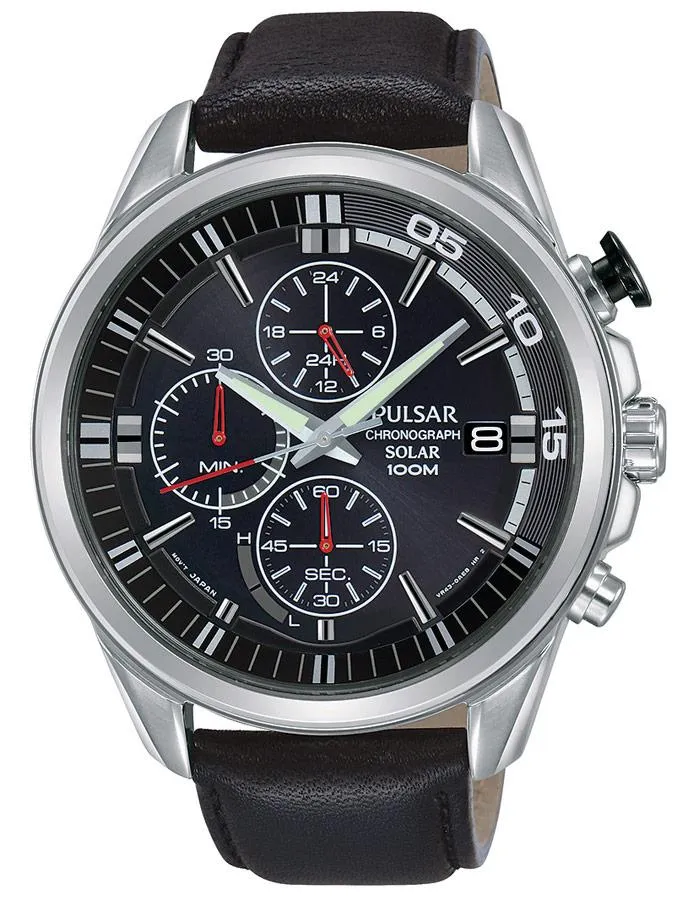 Pulsar Mens Solar Sport Chronograph - Black Dial - 100m - Black Leather - Date