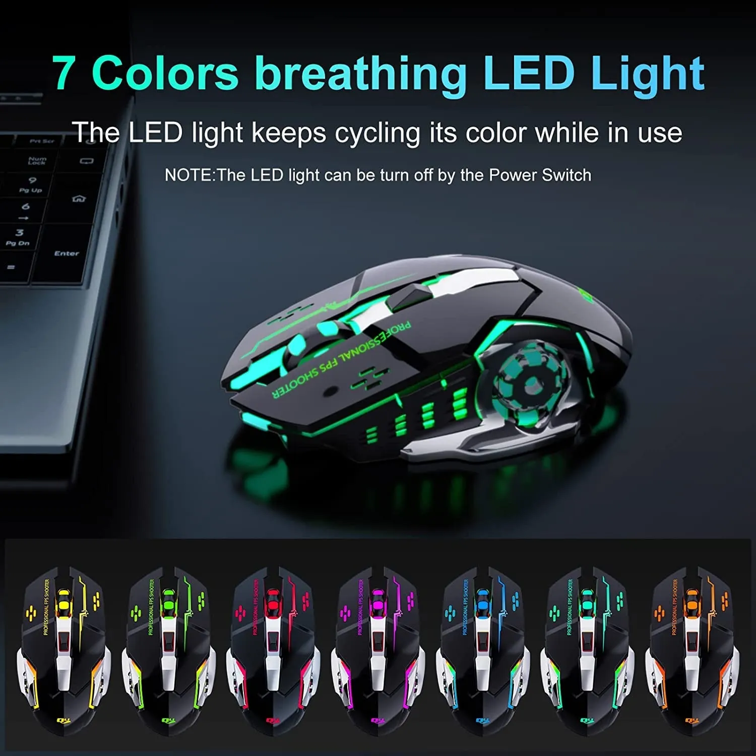 QELIROKY New 2.4G Wireless Rechargeable Gaming Mouse Silent Click with 6 Buttons, 3 Adjustable Levels DPI , Colorful LED Lights for Laptop, Ipad, Macos, PC, Windows, Android (Black)