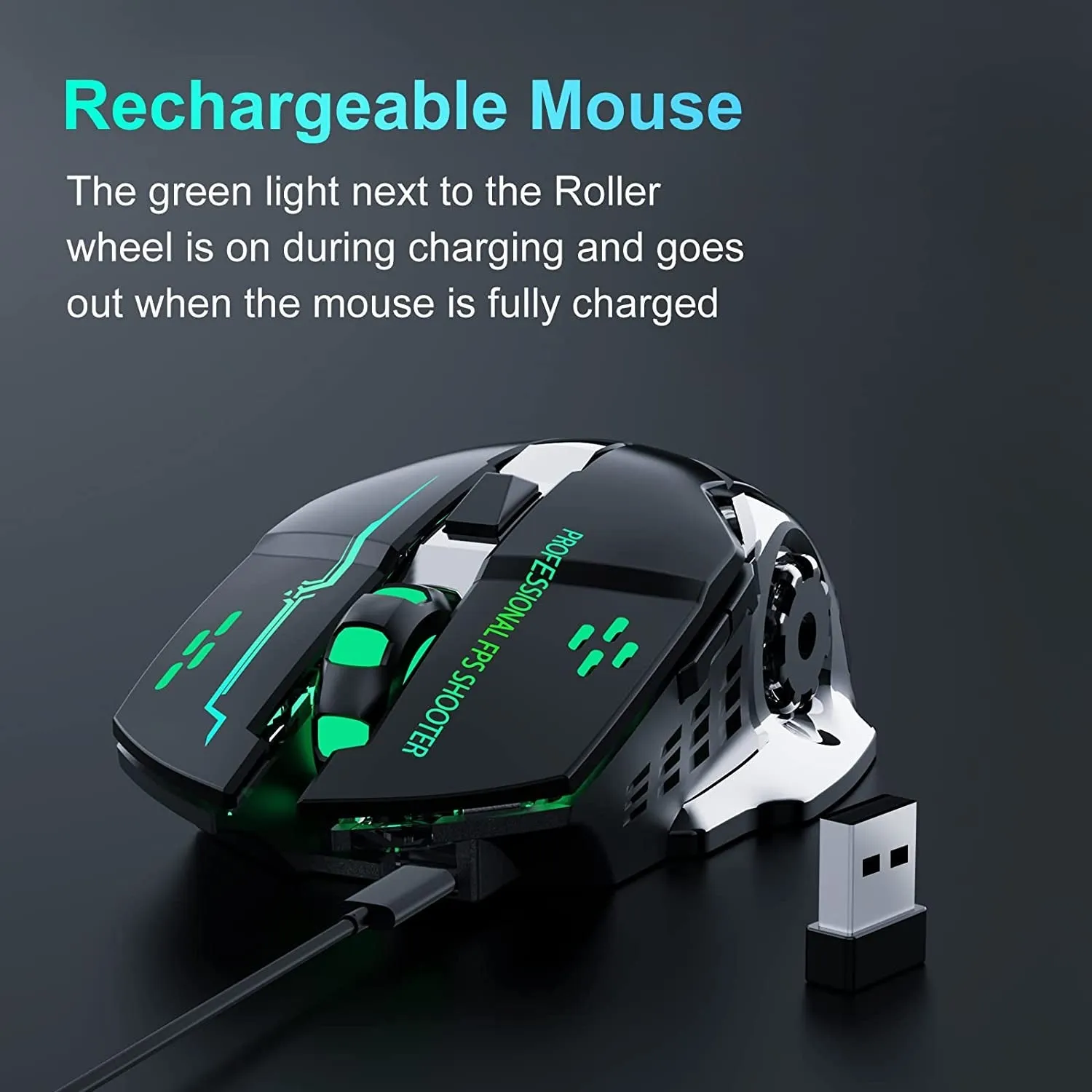 QELIROKY New 2.4G Wireless Rechargeable Gaming Mouse Silent Click with 6 Buttons, 3 Adjustable Levels DPI , Colorful LED Lights for Laptop, Ipad, Macos, PC, Windows, Android (Black)