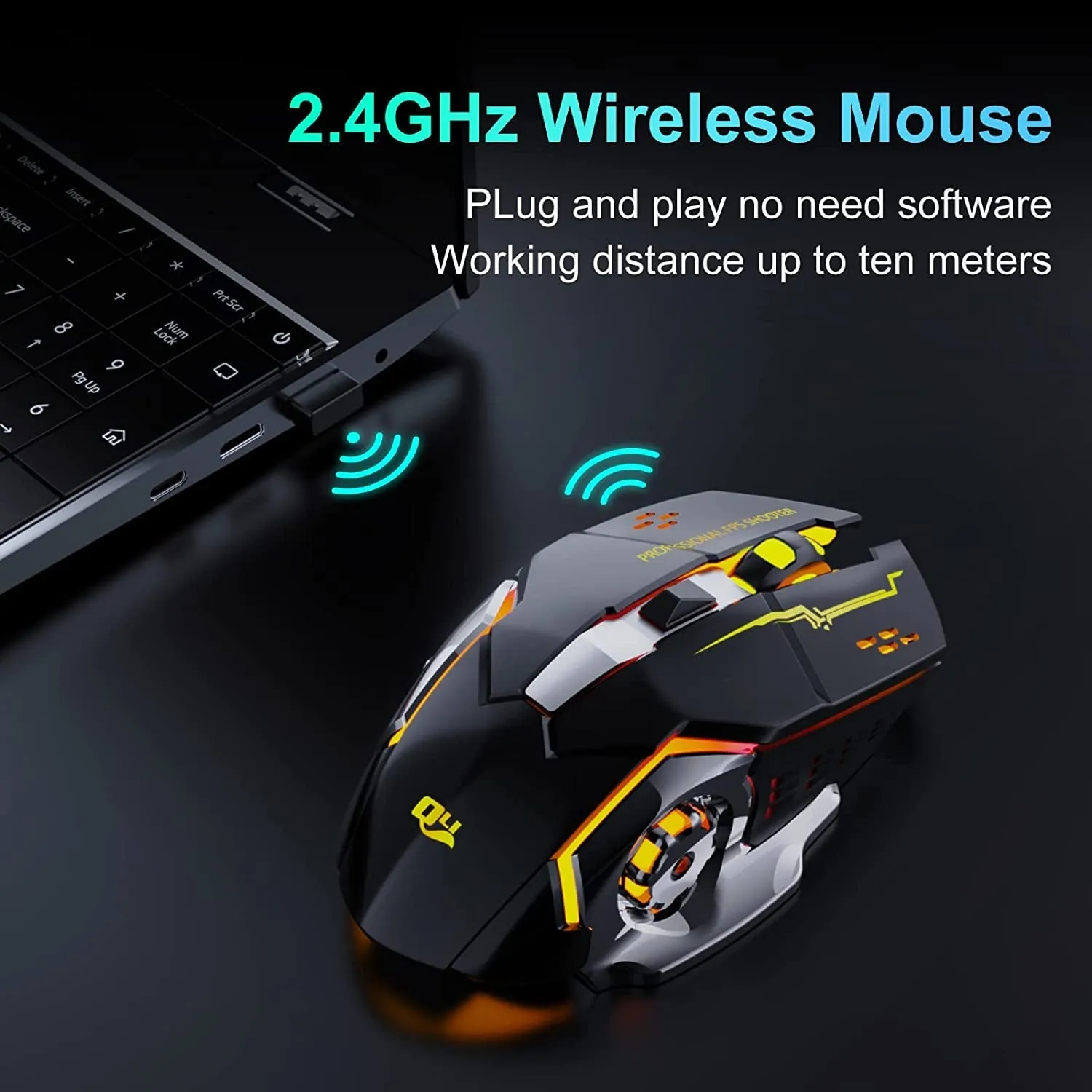 QELIROKY New 2.4G Wireless Rechargeable Gaming Mouse Silent Click with 6 Buttons, 3 Adjustable Levels DPI , Colorful LED Lights for Laptop, Ipad, Macos, PC, Windows, Android (Black)